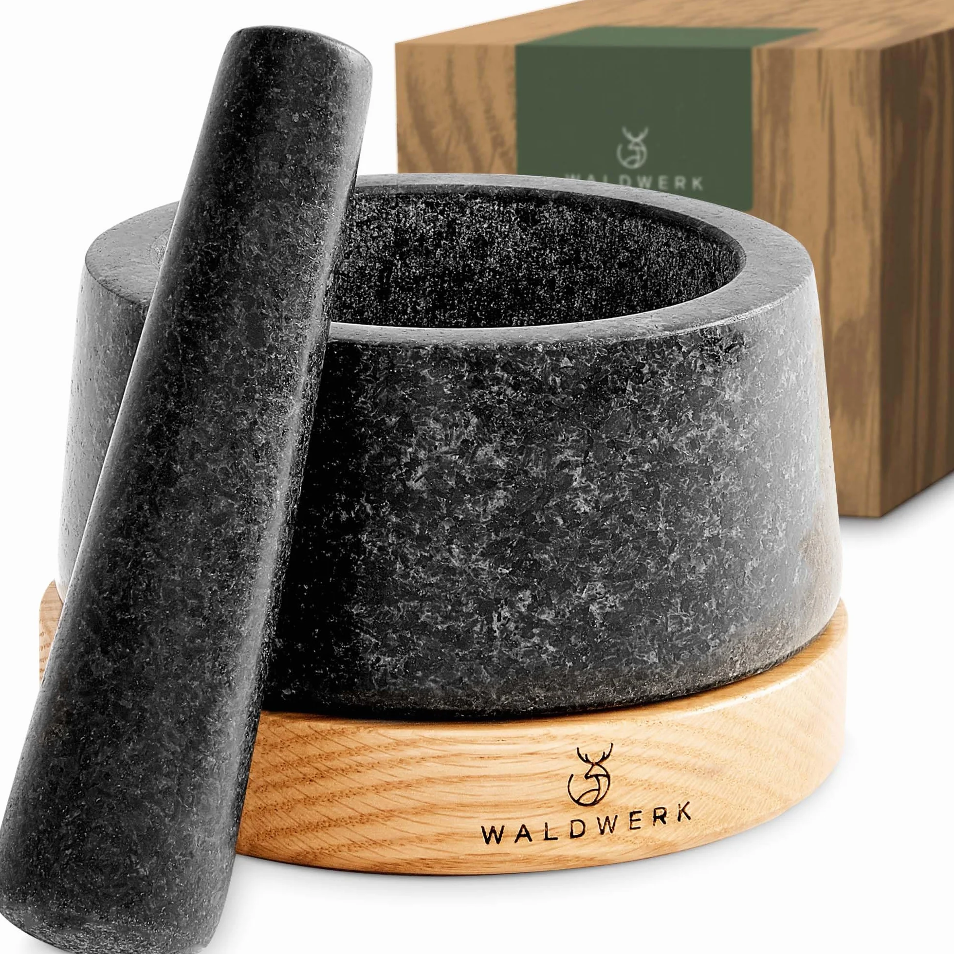 WALDWERK Mortaio con pestello (diametro 12 cm) - Mortaio su una base elegante e stabile in legno di acacia - Mortaio con pestello in granito naturale