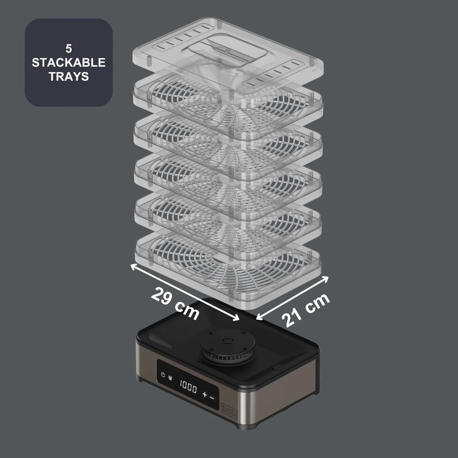 Black+Decker - essiccatore alimentare 400W | 5 vassoi trasparenti 29x21 cm | pannello digitale touch | temperatura regolabile 35-70°C | timer 48h | spegnimento automatico | senza BPA