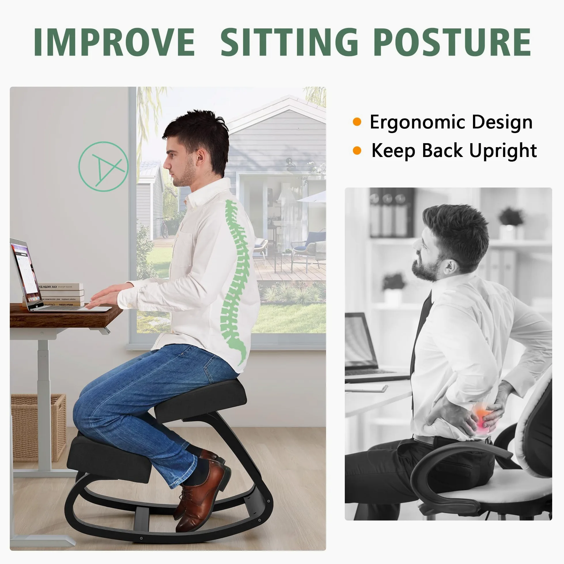 Sedia Ergonomica Inginocchiatoio in Legno – Regolabile a Dondolo con Cuscino Traspirante, Allevia Mal di Schiena, Migliora Postura, per Ufficio Home Office Studio – 100 kg