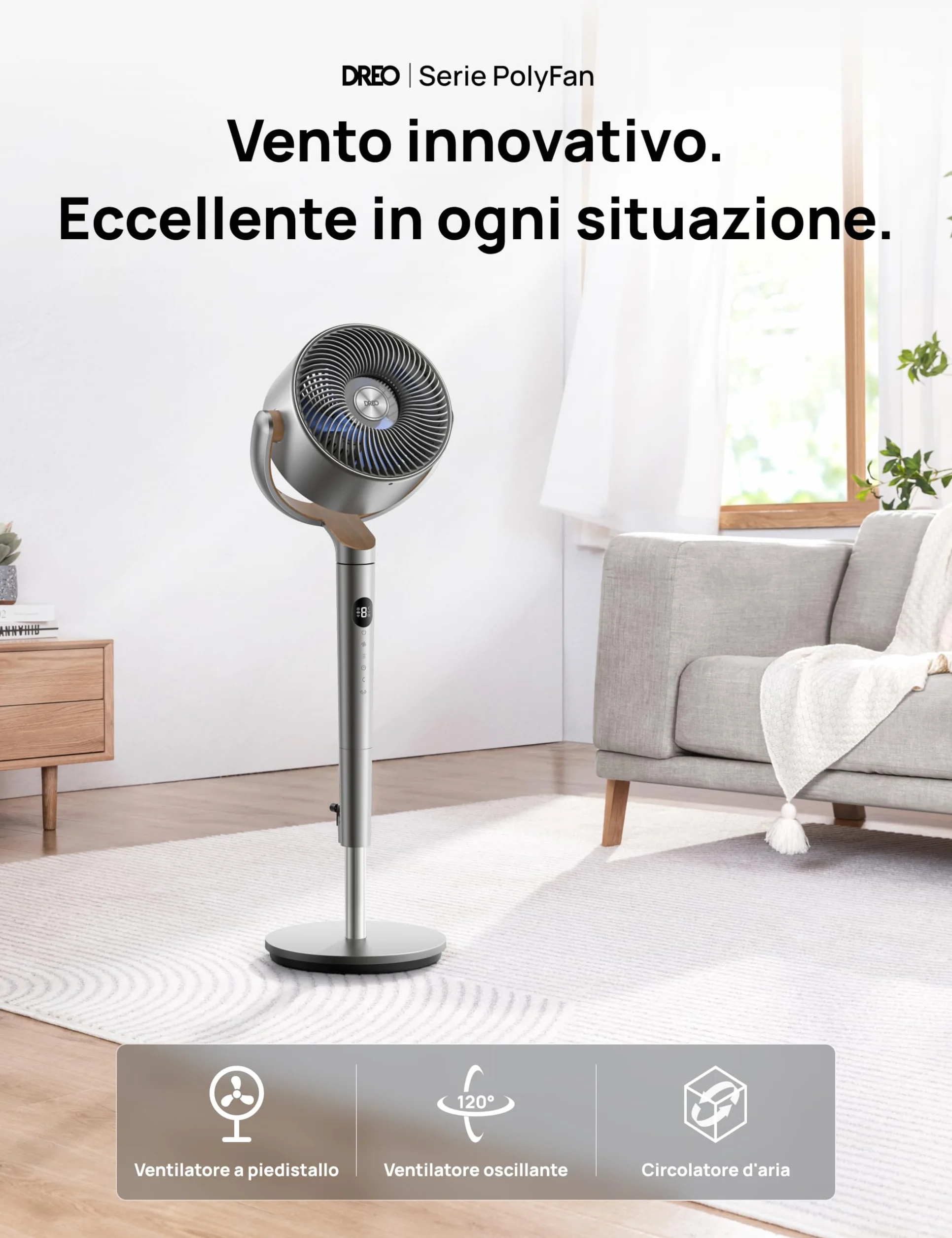 DREO 23dB Ventilatore a Piantana silenzioso, 120°+120°Omni-directional Oscillating Fan, Portata di 24M, Volume d'aria1200m³/h, DC Motor Quiet Standing Fans, Adjustable Height, 8 Speeds, 3 Modes