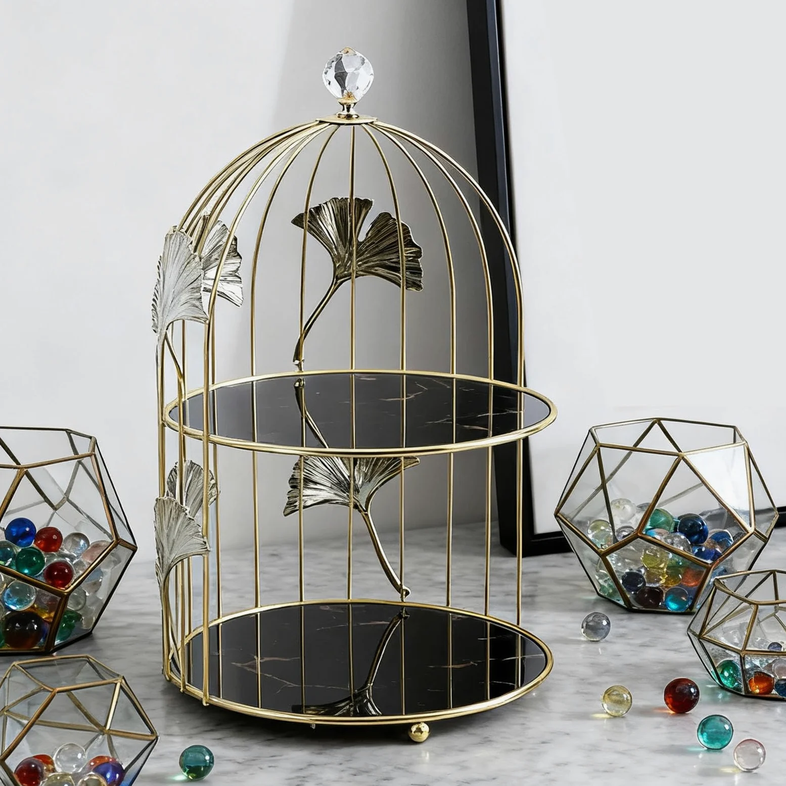 Haofy Alzata per Cupcake a 2 Livelli, Gabbia per Uccelli, Portatorta con Piatto in Vetro, Elegante Torre Espositiva in Metallo per Tavolo da Dessert, Piatto da Portata Salvaspazio per Feste e