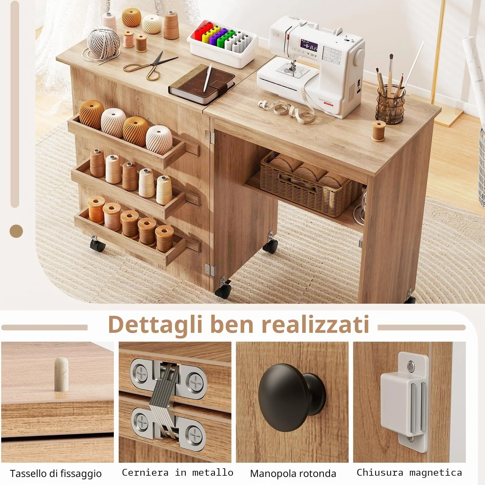 GIANTEX Tavolo da Cucito Pieghevole con Ruote, Mobile per Macchina da Cucire con 4 Ripiani Aperti e Ampio Piano di Lavoro, Ideale per Soggiorno, Camera da Letto e Sala Hobby (Naturale)