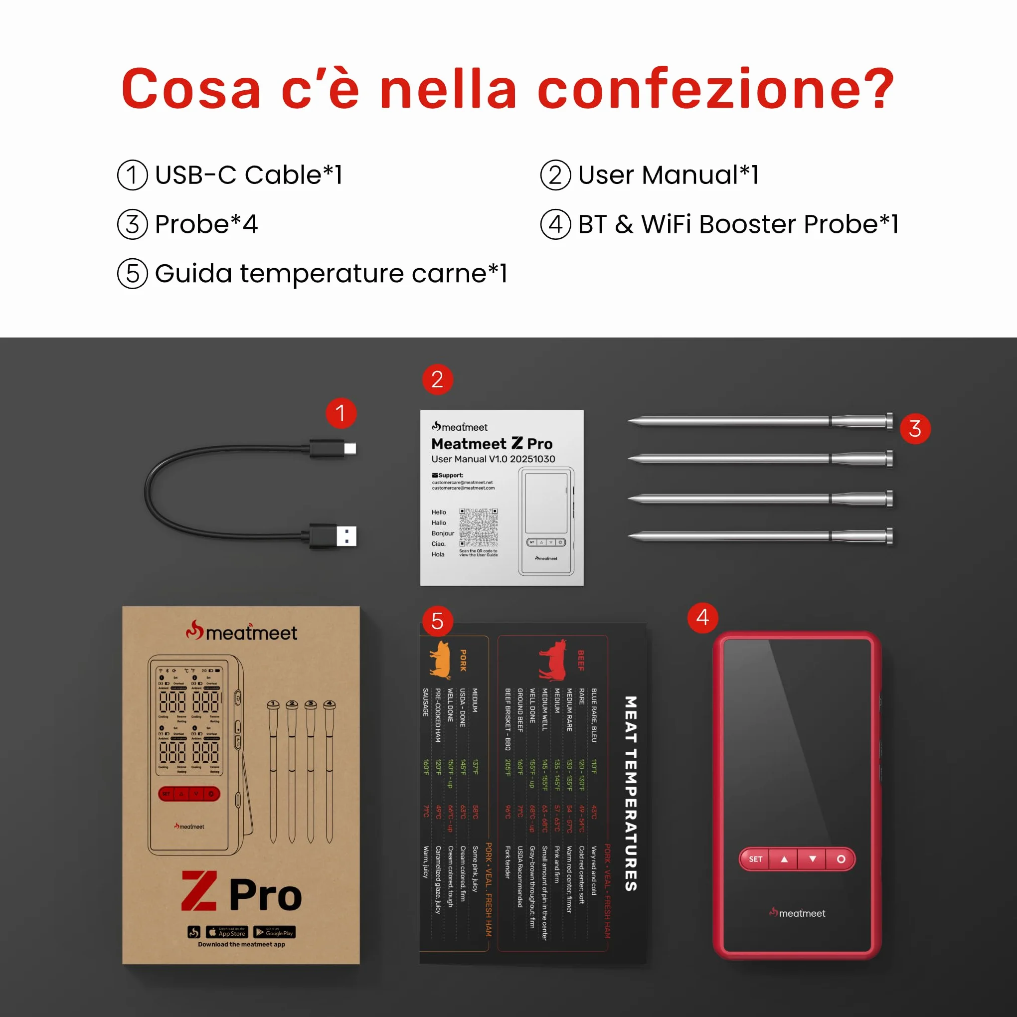 Z Pro Termometro per carne wireless con WiFi e Bluetooth, 4 sonde con 6 sensori, Resistenza a 595°C, Impermeabile IP69, ideale per Forno, BBQ, Grigliate, Affumicatori, forni e cucina