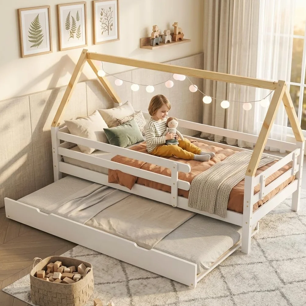 Letto per casa sull'albero, letto singolo, letto per bambini, letto estraibile con ruote inferiori, in legno massello, letto bianco, sedia sottotetto colore naturale (90 x 200 + 90 x 190 cm)