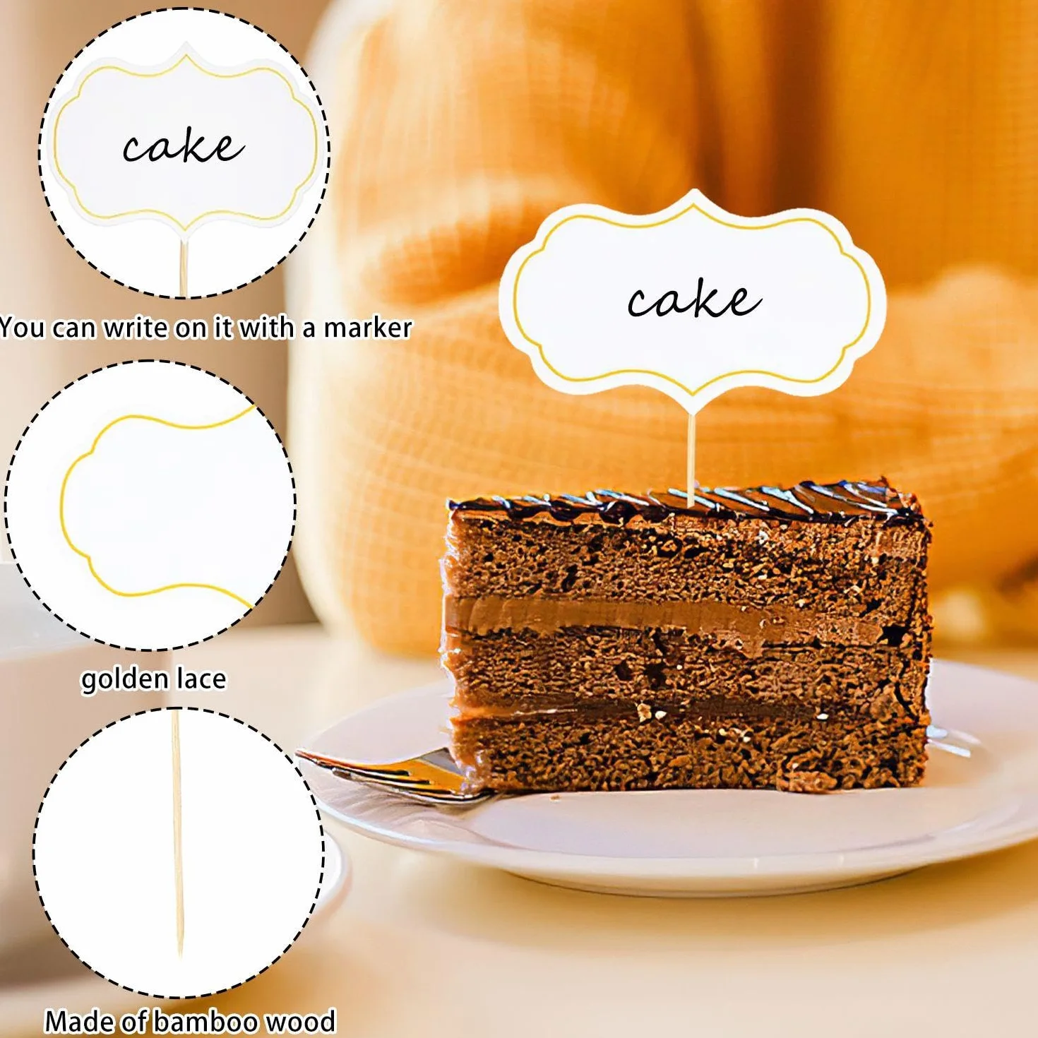 Stuzzicadenti con logo, etichette per torte, loghi per buffet, bandiere, segni