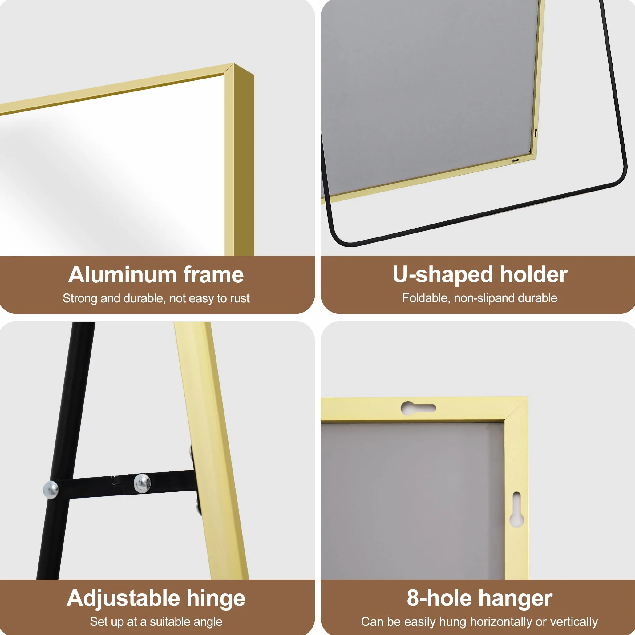 COFENY Specchio da Terra, 147 x 44 cm Specchio da Parete Grande con Cornice in Alluminio, Specchio da Terra da Appoggiare o Appendere per Soggiorno, Camera da letto, Soggiorno, Ingresso, Oro