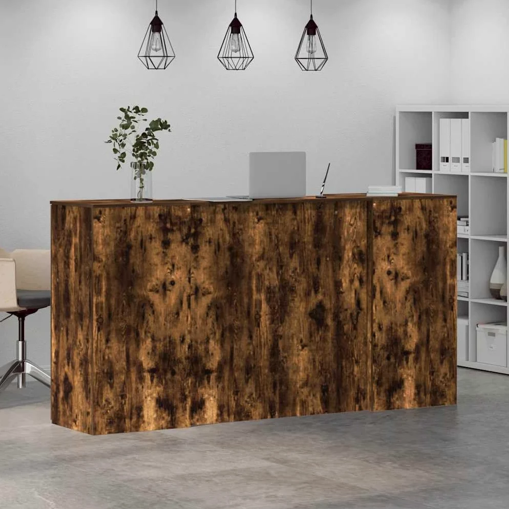 Bancone da ricevimento in rovere affumicato, 200 x 50 x 103,5 cm, bancone per ricevimento in legno con bancone e armadietto, bancone modulare, per ufficio, studio e studio