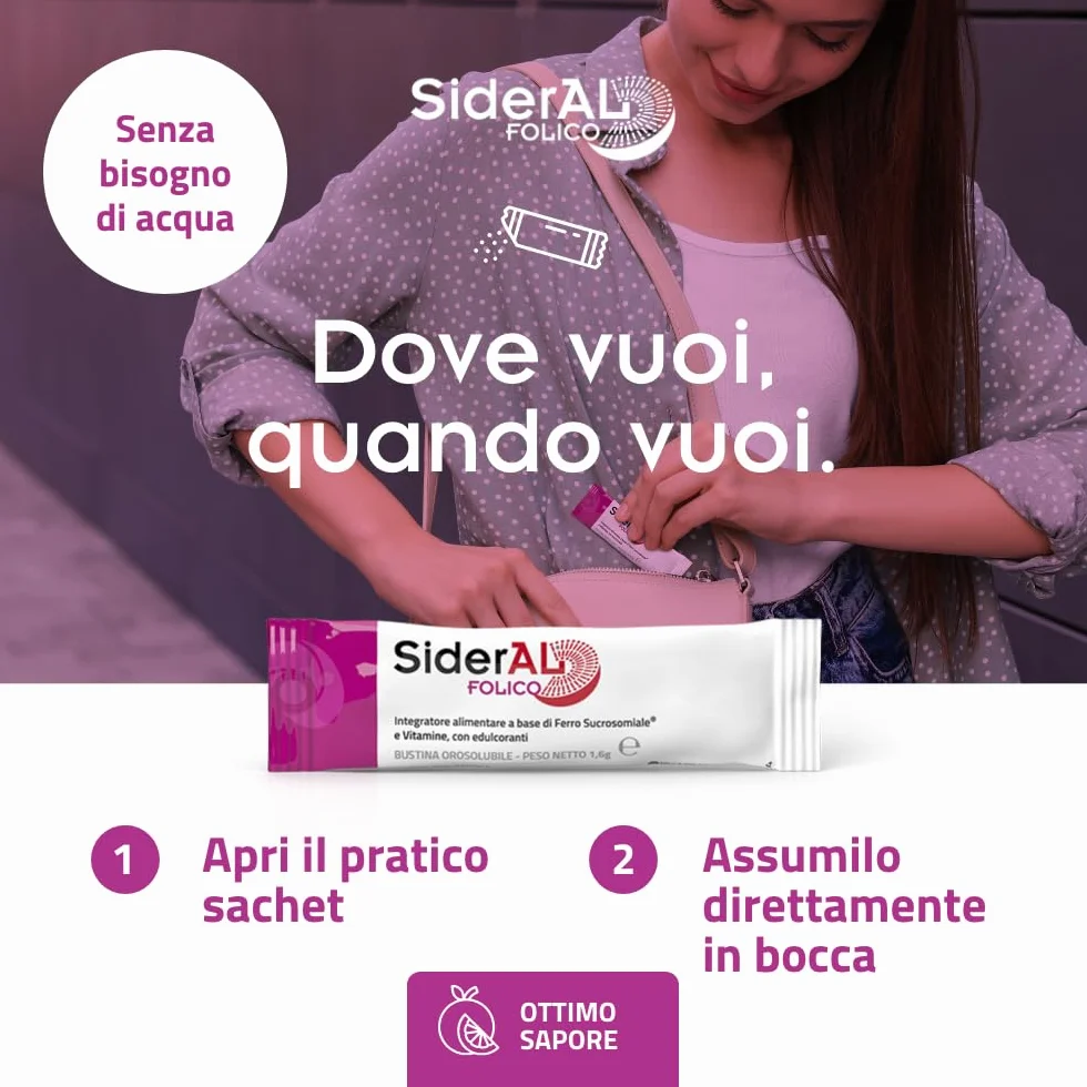 SiderAL Folico, Integratore alimentare con Ferro Sucrosomiale®, Quatrefolic®, Vitamine D3 e B12 Sucrosomiali®, Donne in Gravidanza, Allattamento, Ciclo mestruale, 20 bustine orosolubili, Pharmanutra