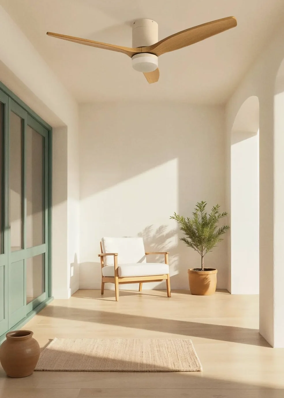 CREATE / WINDCALM M/Ventilatore da soffitto con luce sabbia pale in legno chiaro e telecomando / 40W, Silenzioso, ABS,Ø132 cm, 6 velocità, 3 temperature di luce, timer, funzione estate-inverno