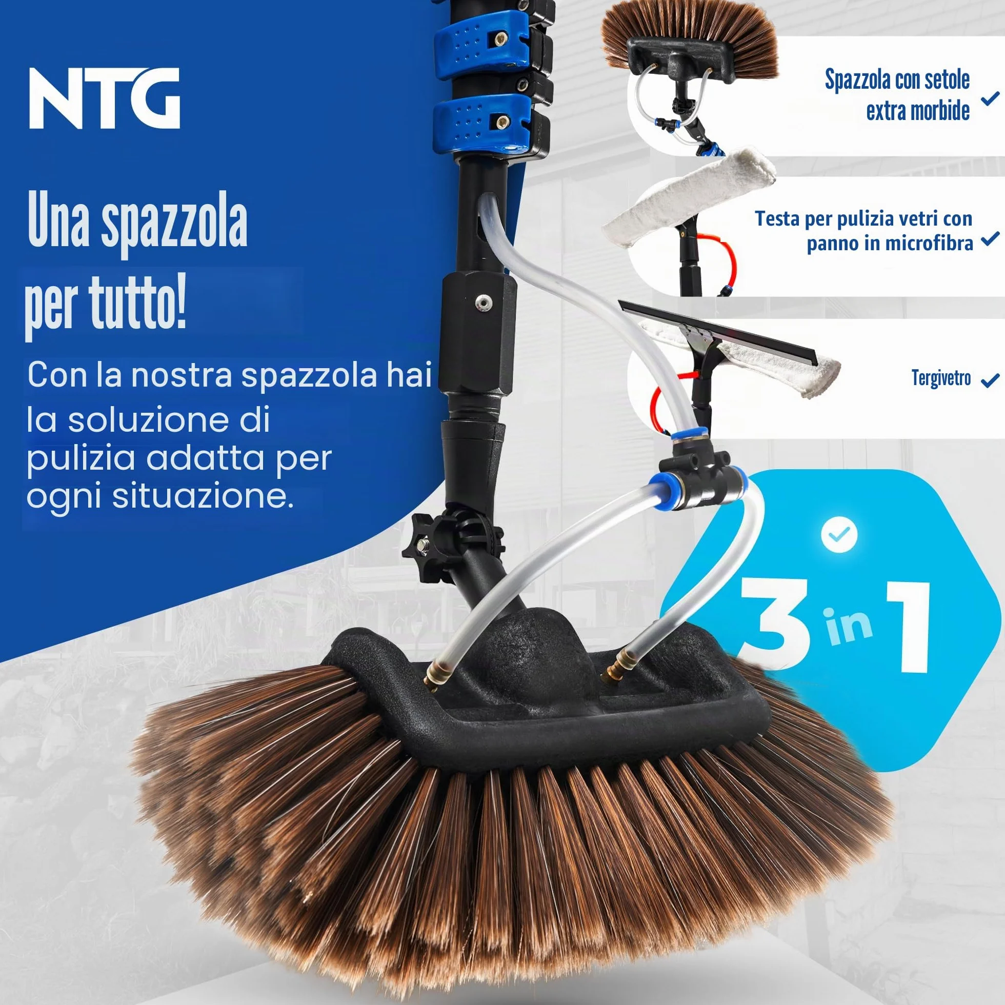 NTG Spazzola telescopica 1,68 – 7 m 3 in 1 con setole morbide + panno microfibra e estrattore acqua + dispenser sapone finestre, solare (fino a 4,6 m)