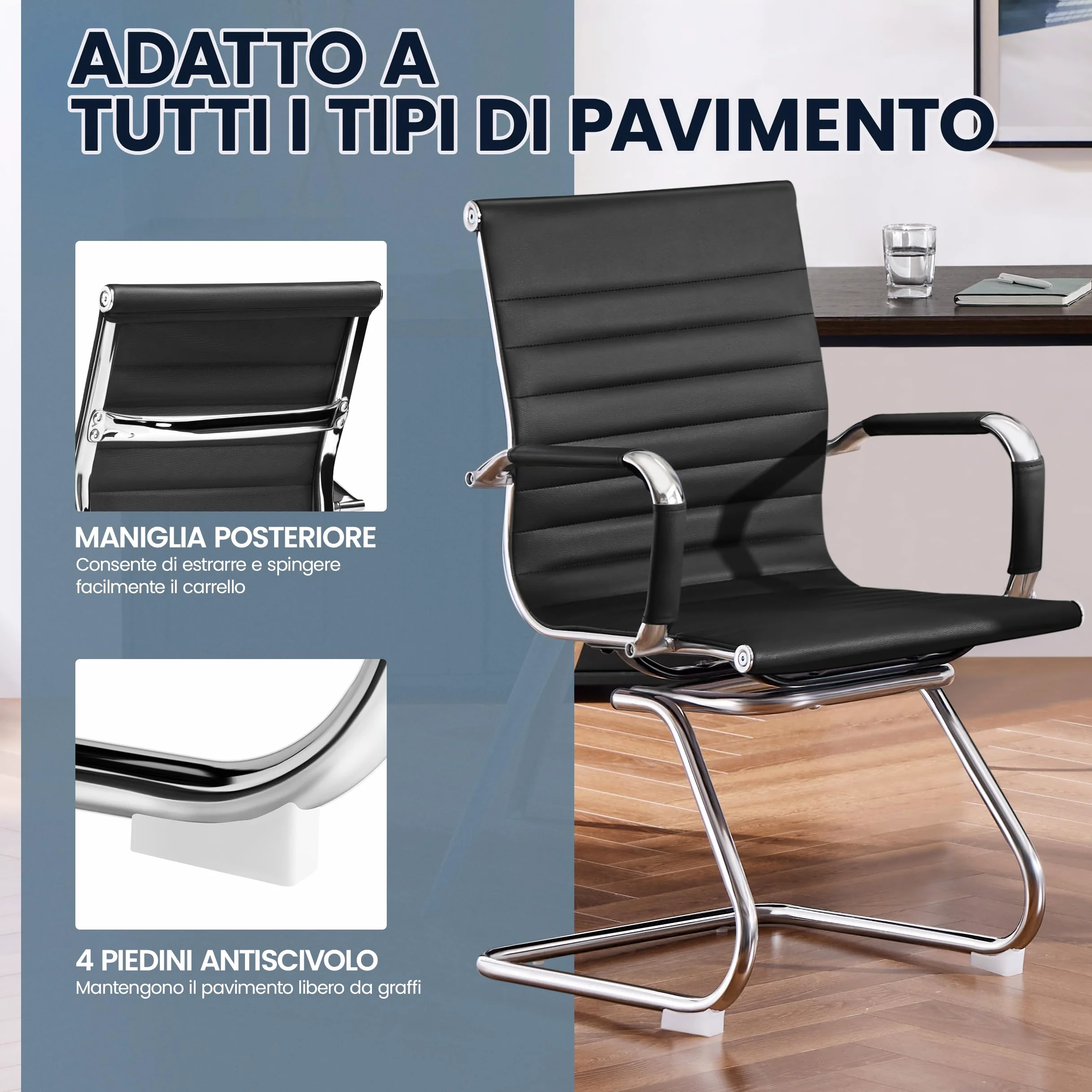 Set 2 Sedie da Pranzo a Sbalzo Imbottita Sedie Ufficio Ospiti | in Finta Pelle, Gambe in Metallo, per Sala da Pranzo, Soggiorno, Cucina, Reception, Nero