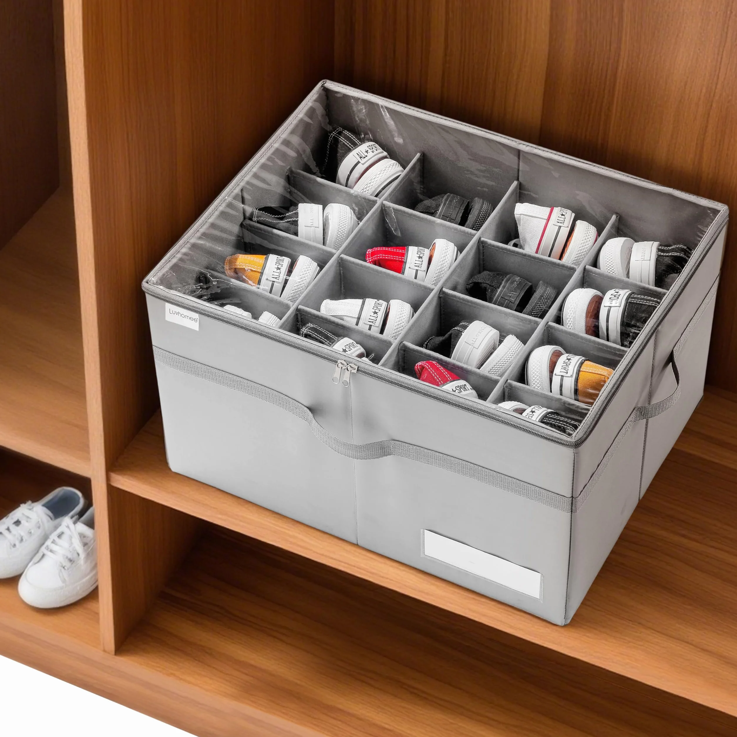 Organizer Scarpe Pieghevole per Armadio, Contenitore 16 Paia, Trasparente con Manici Rinforzati, Grigio
