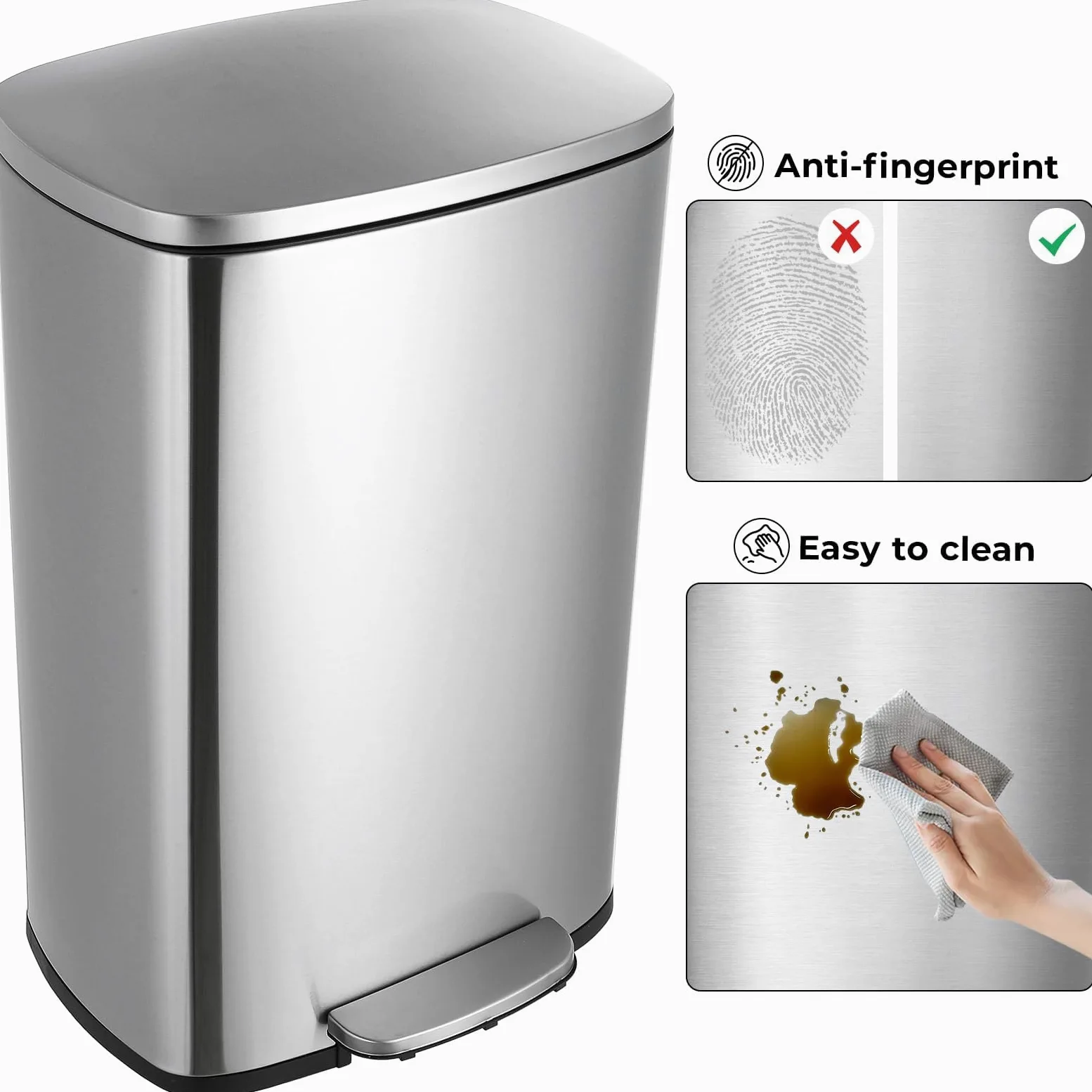 LIFERUN Pattumiera Cucina 50 Litri, Cestino a Pedale in Acciaio con Coperchio a Chiusura Morbida, Secchio Interno, 50 l Cestino per Interno Cucina, Bagno, Ufficio, Argento