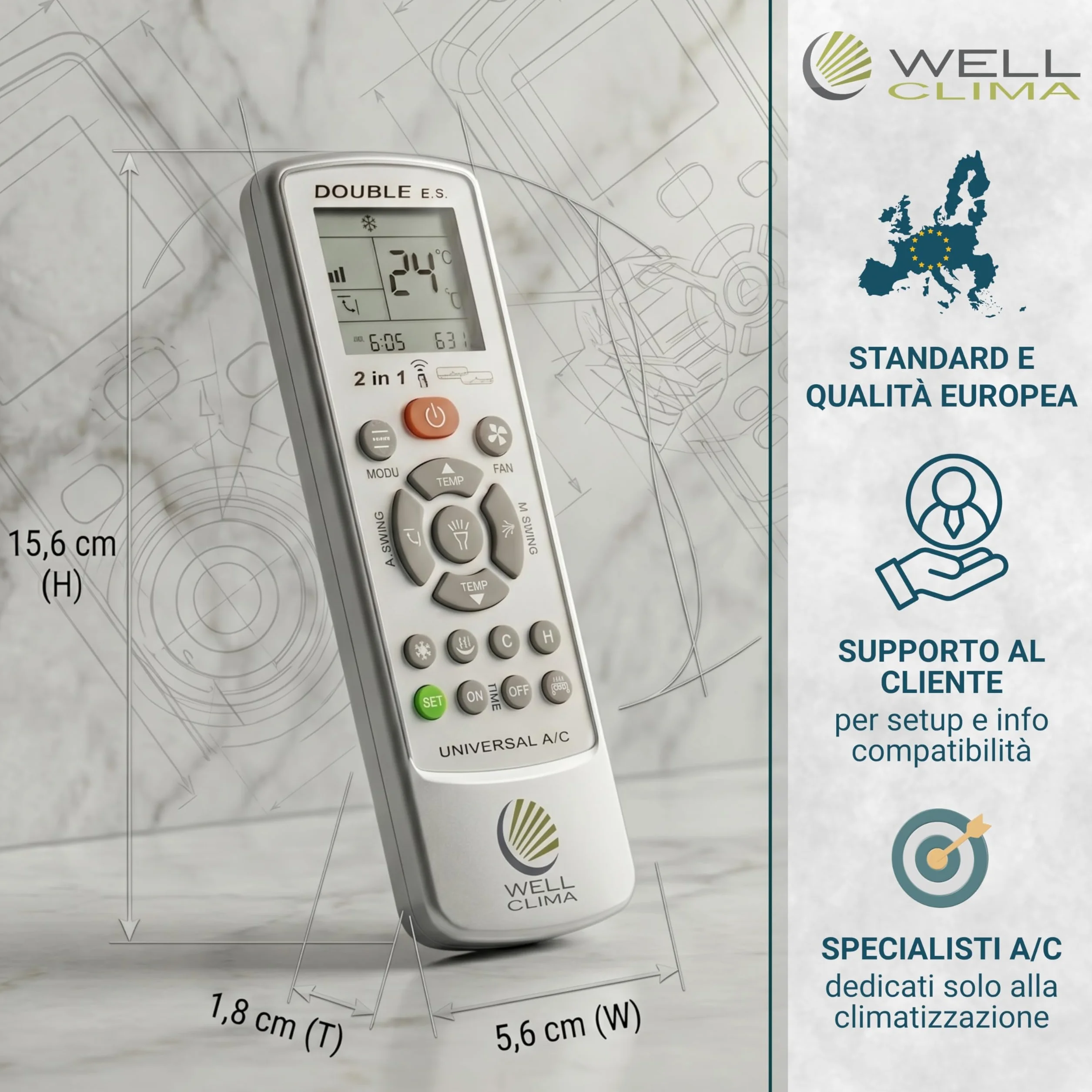 Wellclima Double E.S Telecomando Universale per Condizionatori Climatizzatori, Progettazione Italiana, Compatibile con 10000+ Modelli e 500+ Marche, Risparmio Energetico Anti Spreco, 2 in 1 Due Split