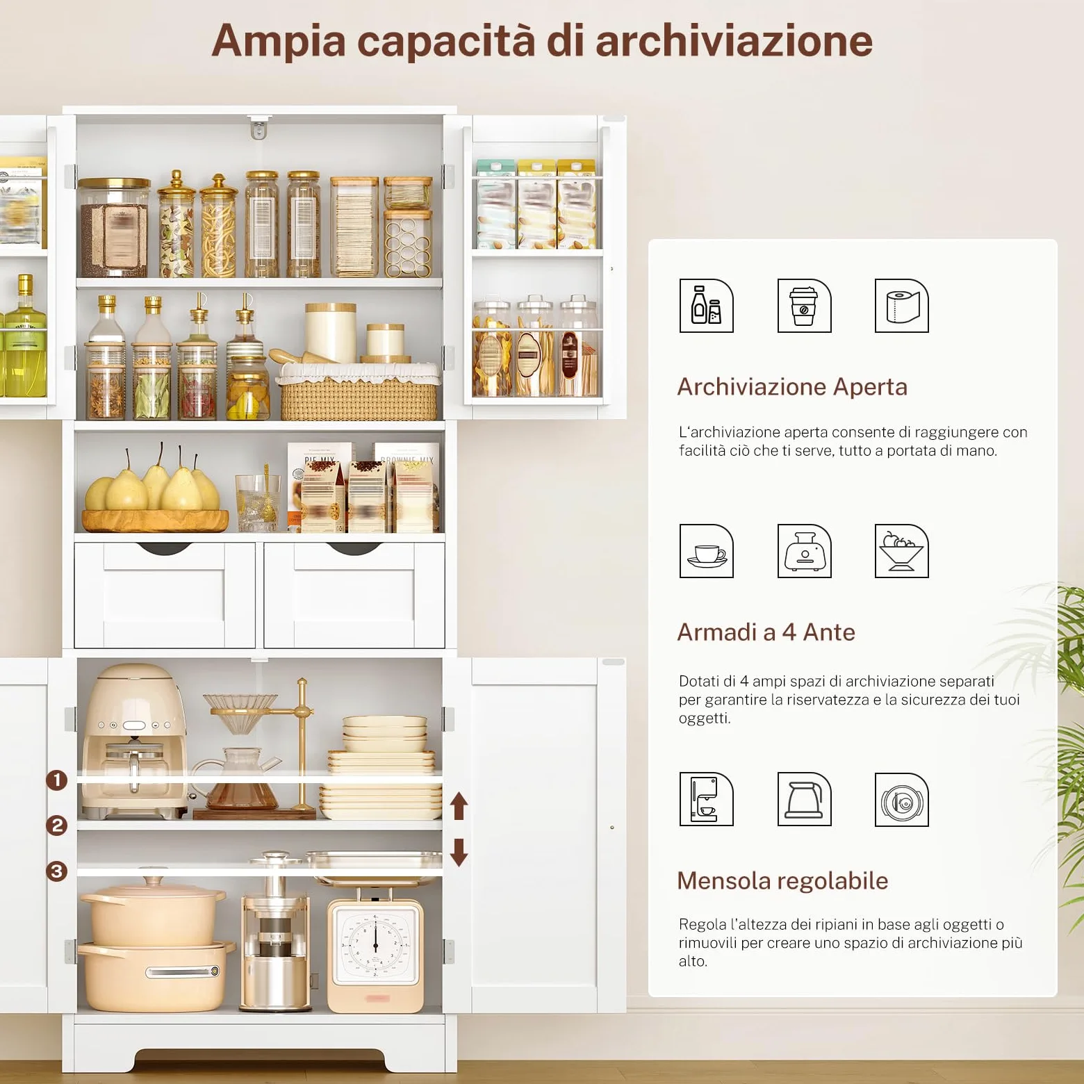 TEENFON Credenza Cucina Alta, Mobile Dispensa Alto 4 Ante e 2 Cassetti con Ripiani Regolabili e Portaspezie sulla Porta, Armadio Multiuso per Cucina, Soggiorno, Bagno, 60 x 30 x 161 cm, Bianco