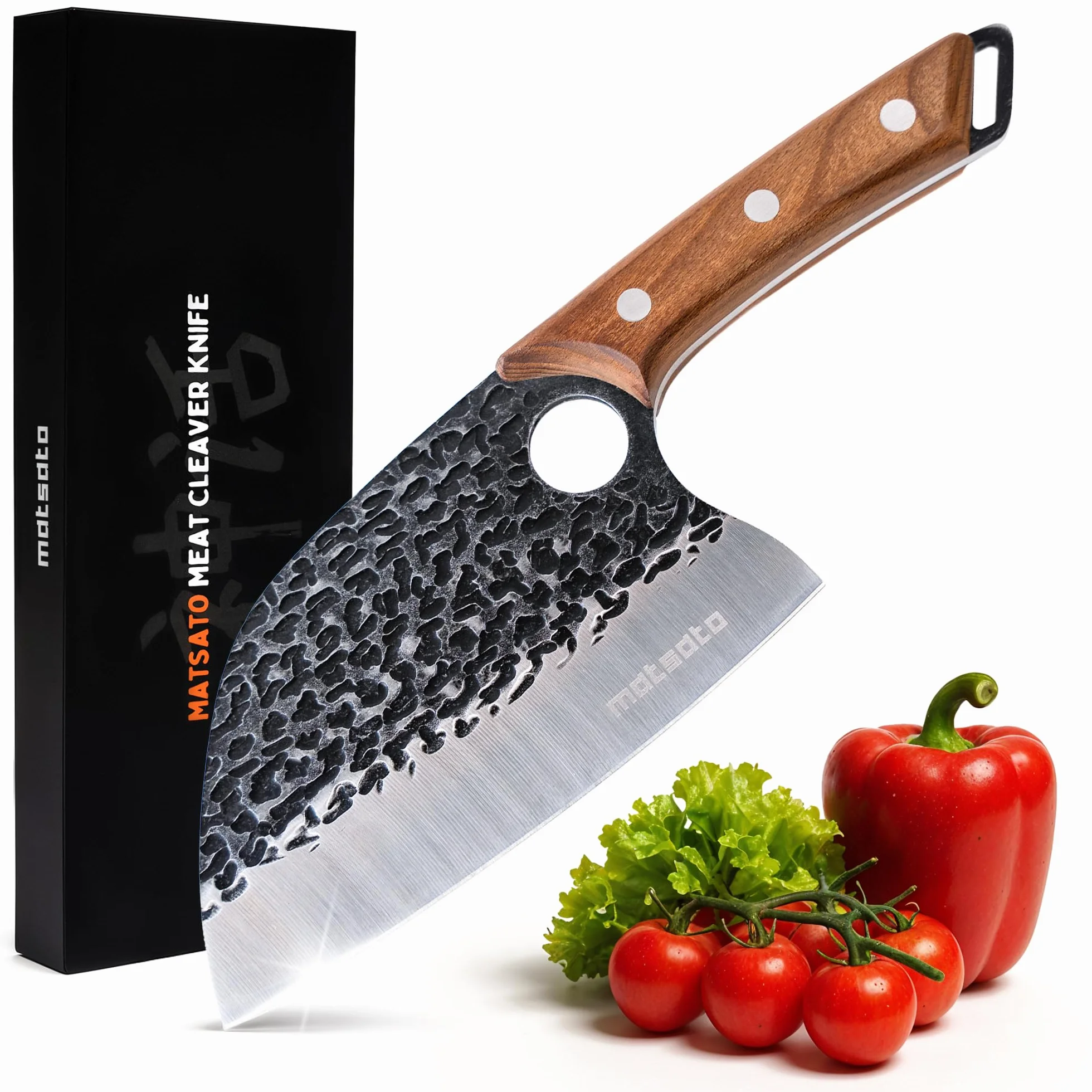 Matsato Mannaia da Cucina Professionale in Acciaio Giapponese - Coltello Mannaia con Lama 15 cm, Manico in Faggio Carbonizzato - Per Carne, Verdure e Ossa da Macellaio