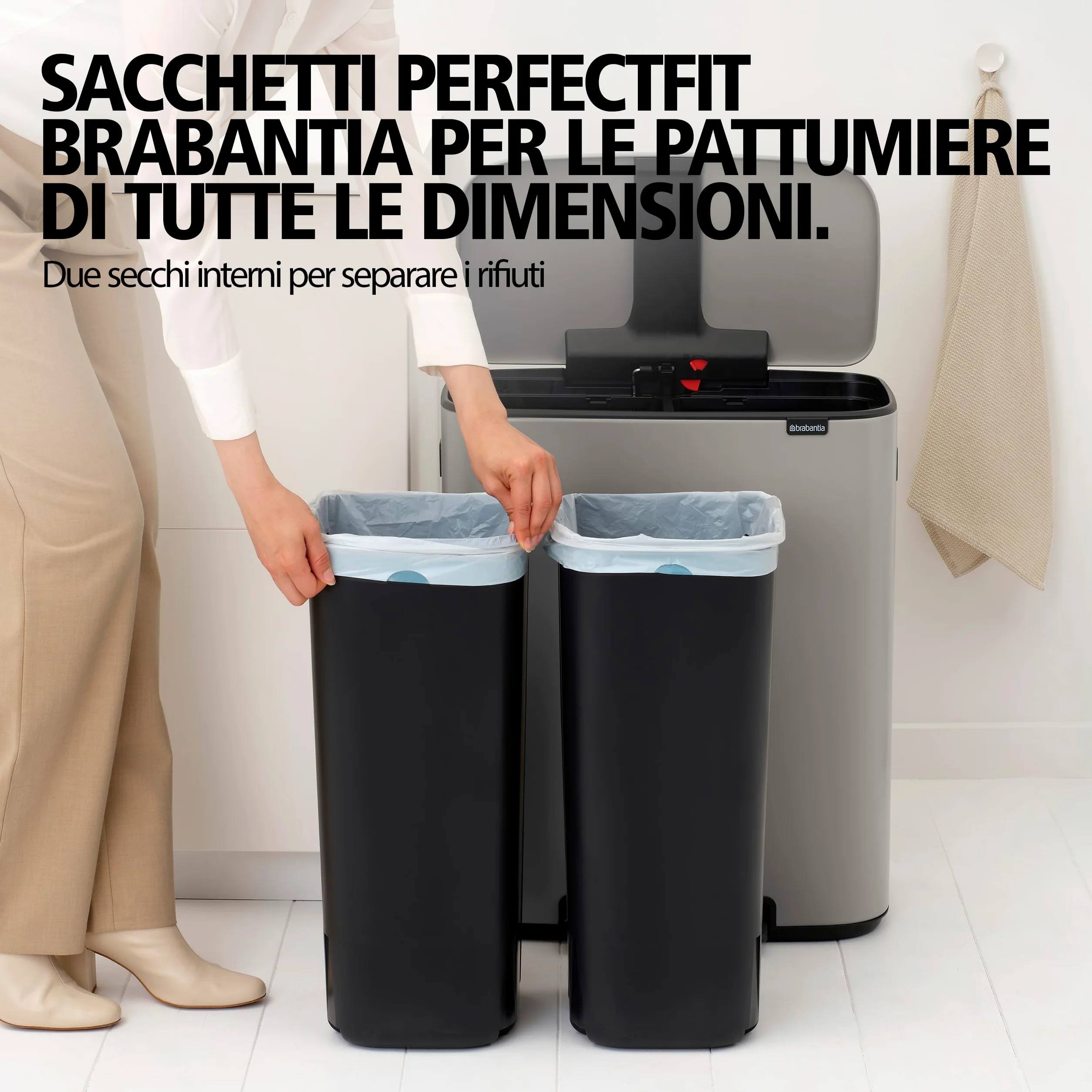 Brabantia Pattumiera Bo a Pedale 2x30 L – Cestino con due secchi spazzatura interni da 30L (Soft Grey) Secchio spazzatura grande da cucina – Coperchio Soft Closing