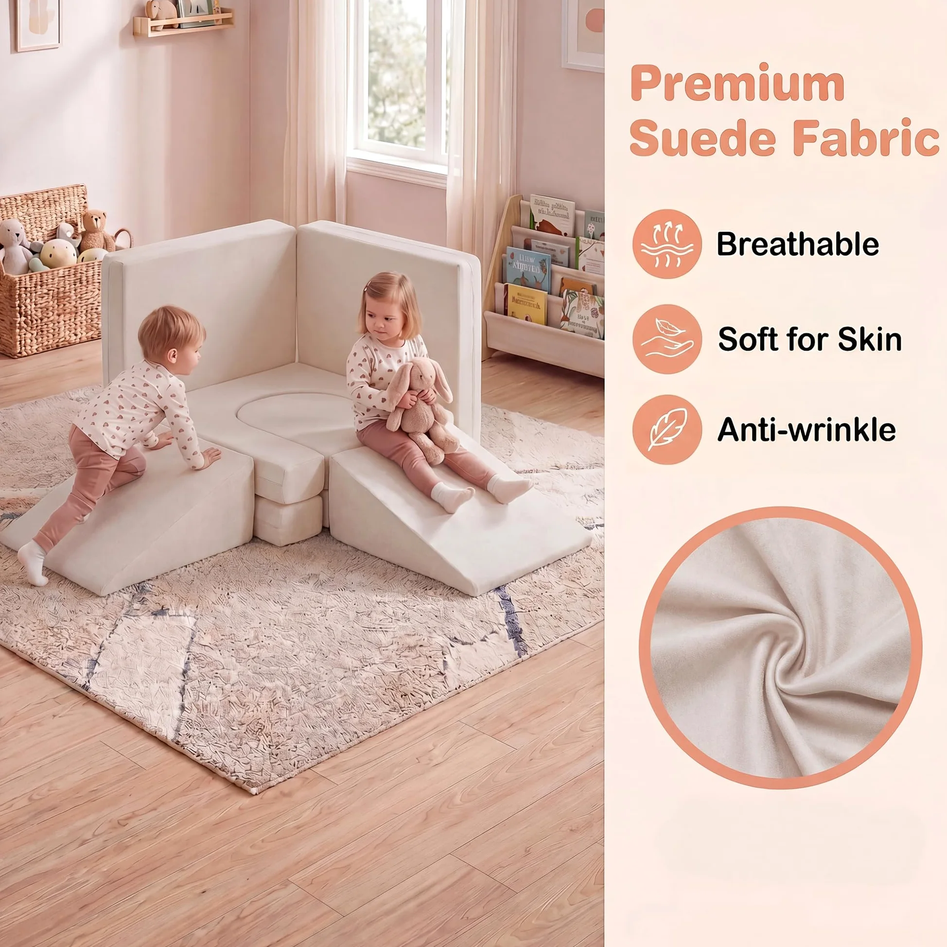 LIFEZEAL Divano Modulare per Bambini, Set di 10 Blocchi di Costruzione in Schiuma con Diverse Forme, Divano da Gioco Convertibile con Fodere Lavabili in Lavatrice per Bmabini 3+ Anni (Beige)