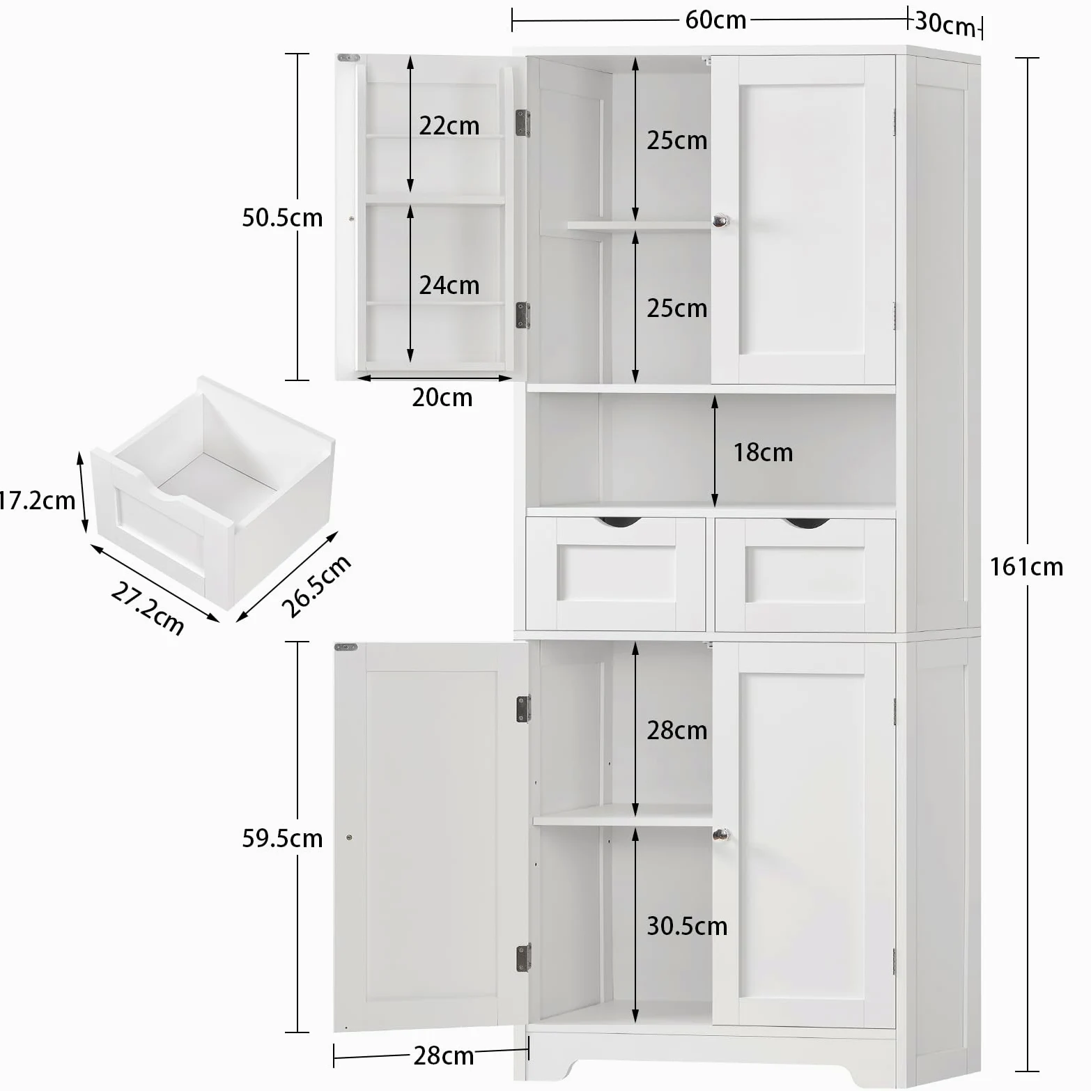 TEENFON Credenza Cucina Alta, Mobile Dispensa Alto 4 Ante e 2 Cassetti con Ripiani Regolabili e Portaspezie sulla Porta, Armadio Multiuso per Cucina, Soggiorno, Bagno, 60 x 30 x 161 cm, Bianco