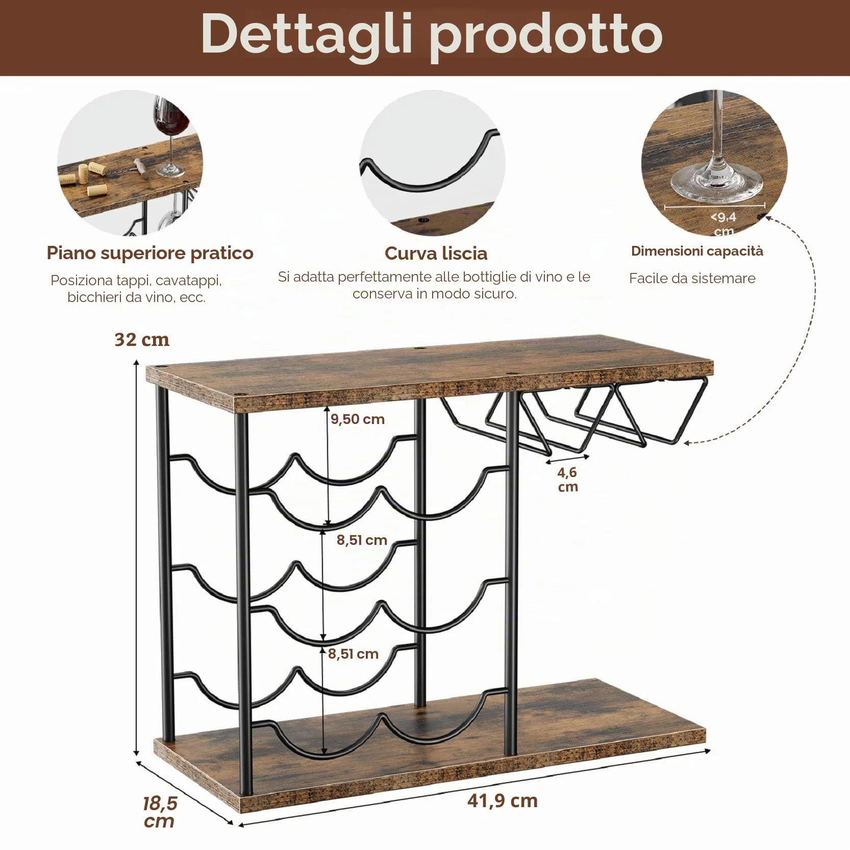 Nuovoware Portabottiglie da Tavolo per 6 Bottiglie 4 Bicchieri, Organizer Vino in Metallo e Legno