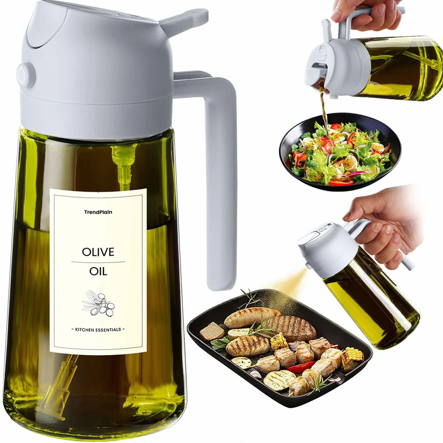 TrendPlain Spruzzino Olio per Friggitrice Aria 470ml 2 in 1 Dosatore Olio per Cucina
