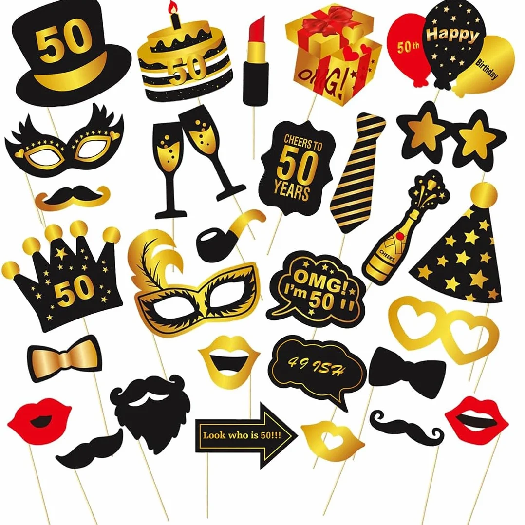 50° Set di oggetti scena per foto di compleanno, Photo Booth Compleanno Accessori Fai da Te Carta per Festa Compleanno Gadget 50 Anni feste di compleanno (30PCS)