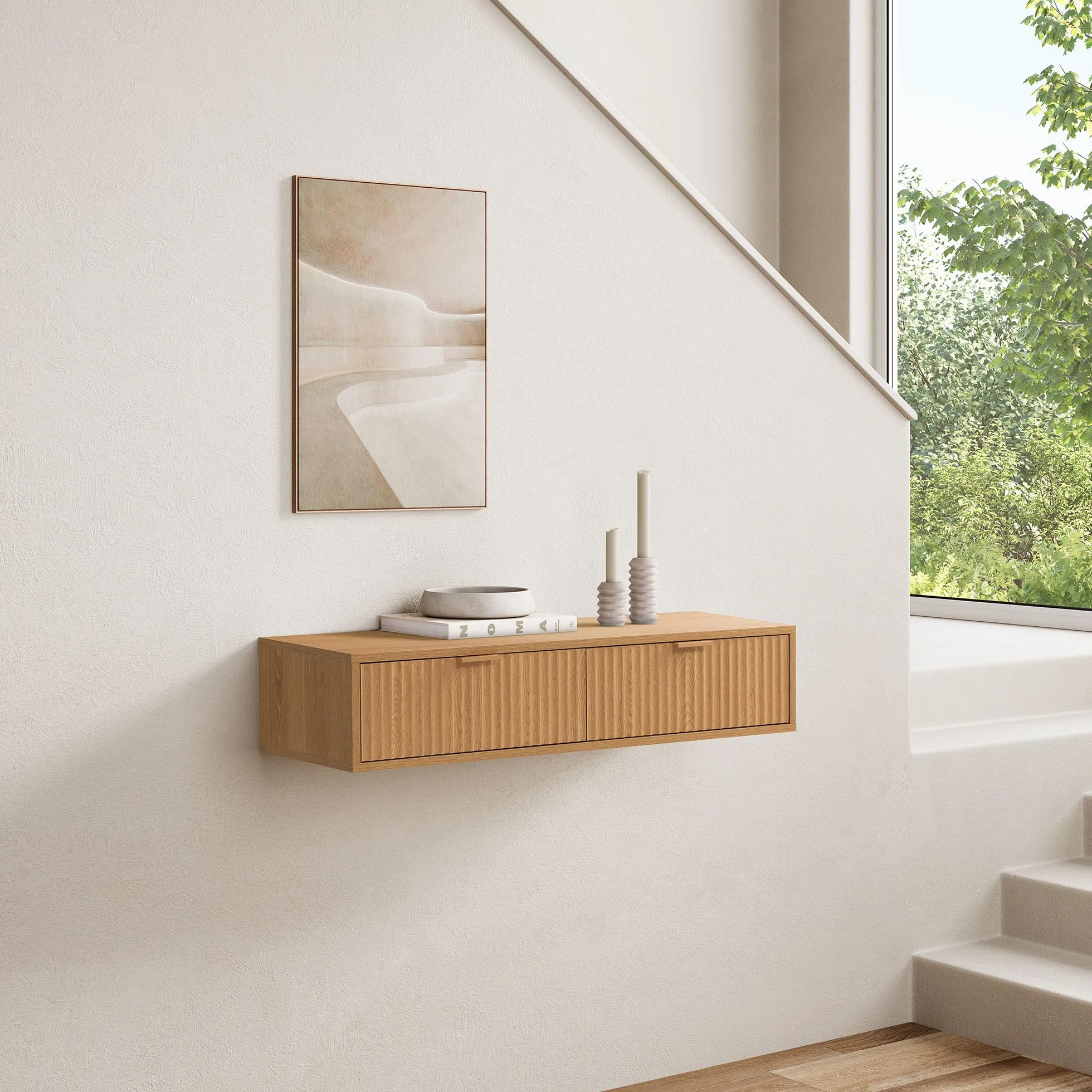 HOMN LIVING Consolle sospesa per ingresso Lluvia 2 cassetti colore Rovere, 100 cm (Larghezza) 30 cm (Profondità) 20 cm (Altezza)