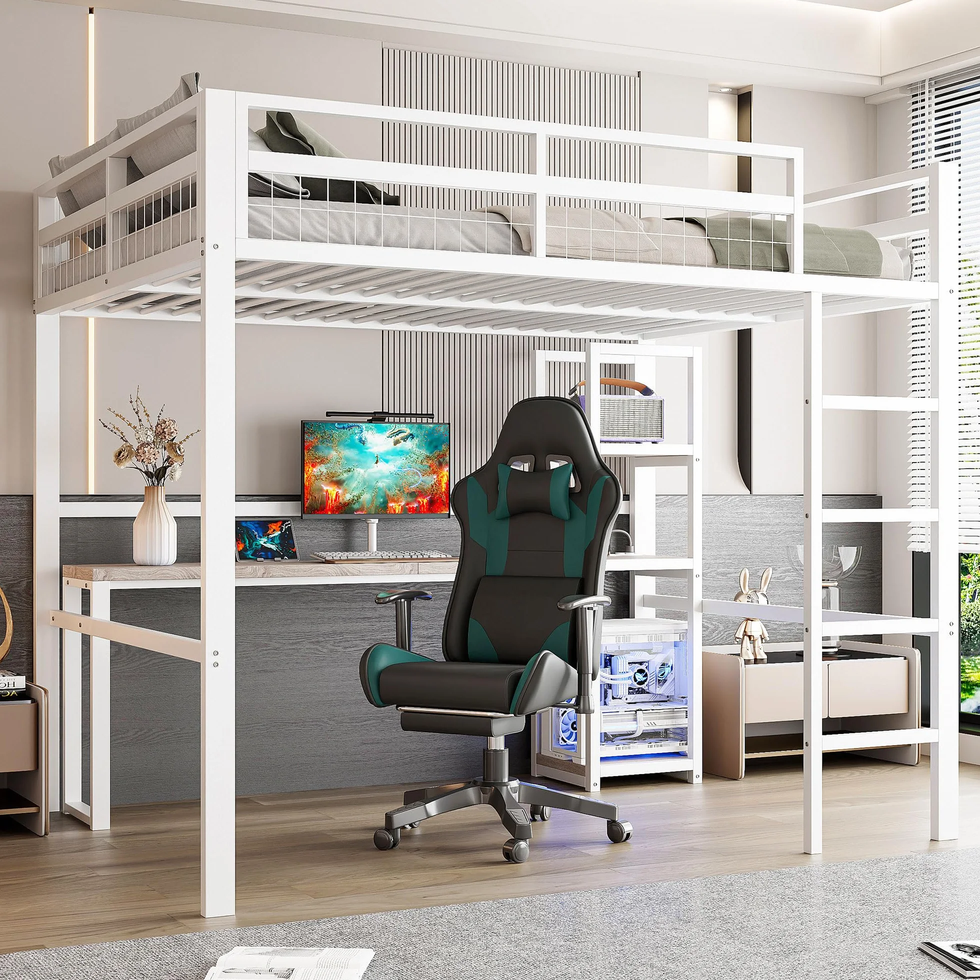 Letto a soppalco in metallo, 140 x 200 cm, scrivania con presa e scaffale, con ricarica USB + Type-c, per bambini, ragazzi e adulti, letto a castello, senza materasso (bianco)