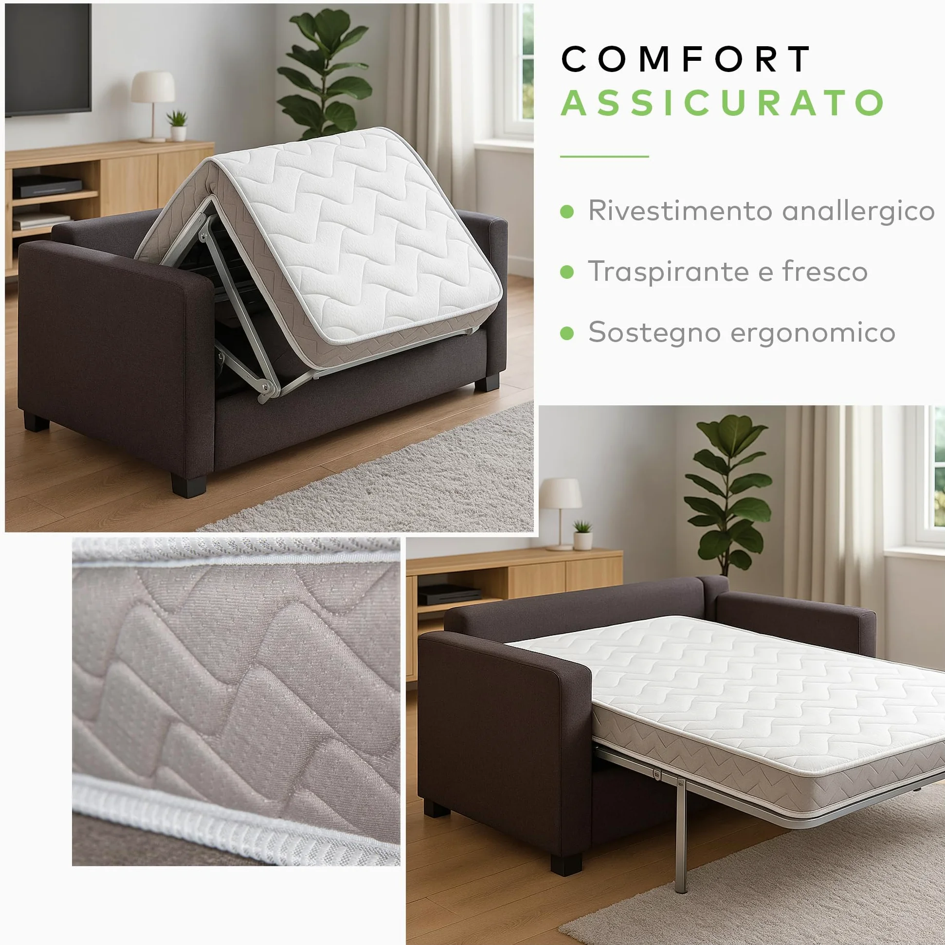 EVERGREENWEB - Materasso per Divano Letto 140x190 cm Materasso Ortopedico in Waterfoam Alto 12 cm ergonomico per prontoletto con Rivestimento Anallergico Bianco - DAYBED