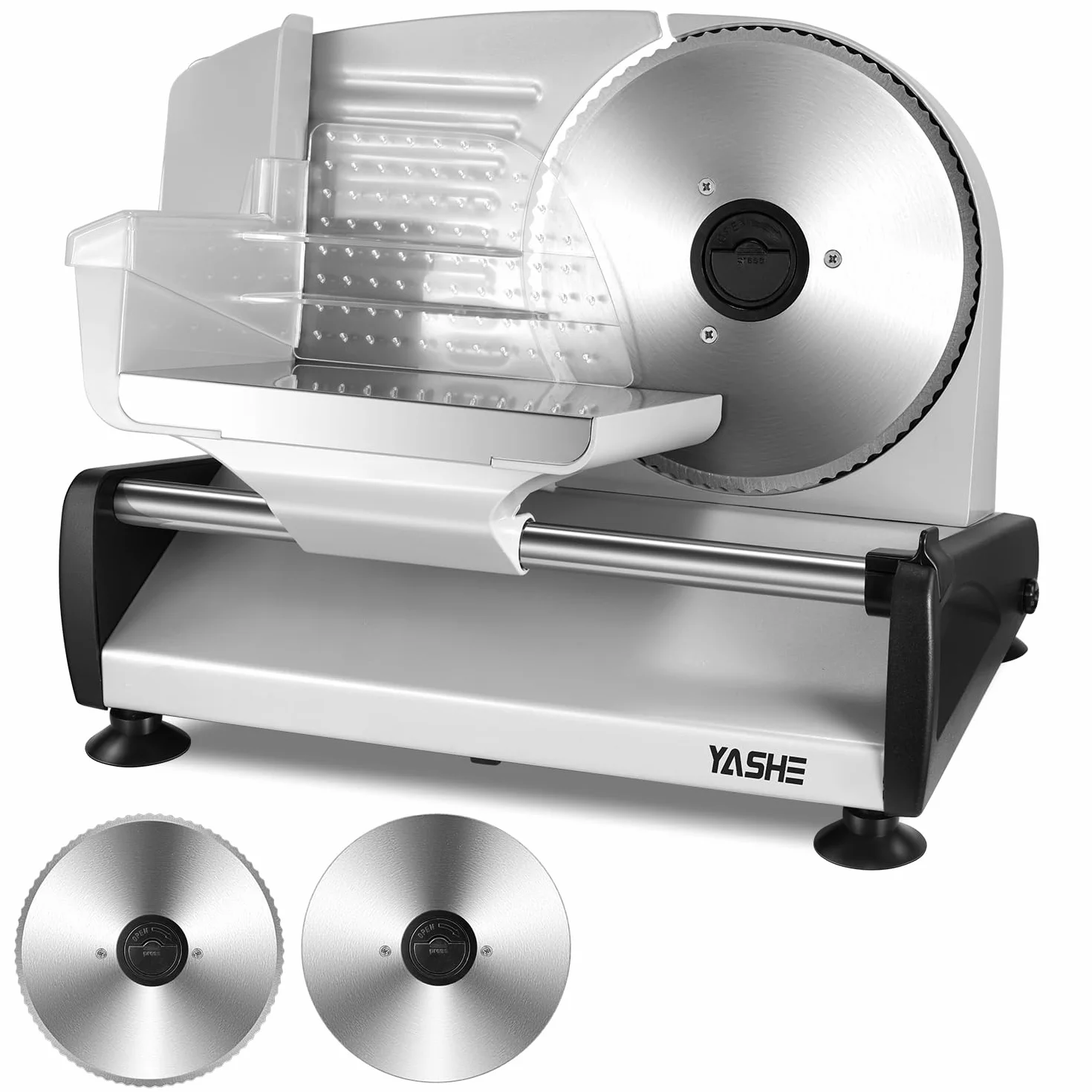 YASHE Affettatrice Elettrica, Affettatrice da Carne e Pane da 250W con Lame Seghettate e Lisce da 19 cm, Spessore Regolabile (0–15 mm), Blocco di Sicurezza, Piedini Antiscivolo, Facile da Pulire