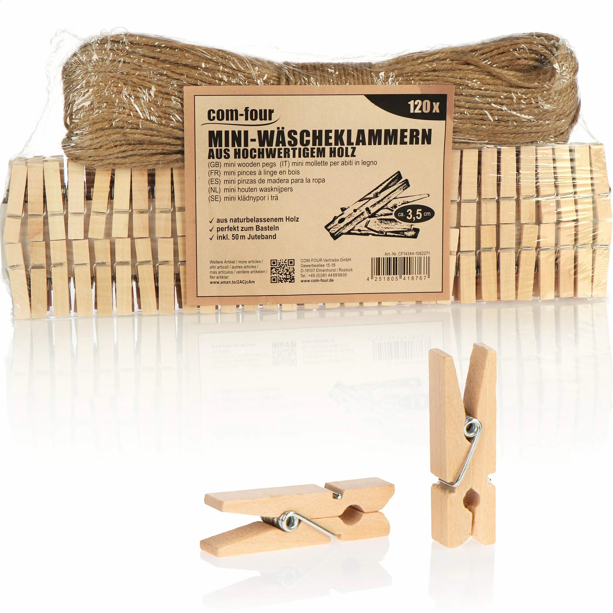 COM-FOUR® 120x mini mollette e 50m di corda di iuta - piccole mollette di legno per appendere immagini, collage, cartoline, foto e regali (120 pezzi - con nastro di juta - naturale)