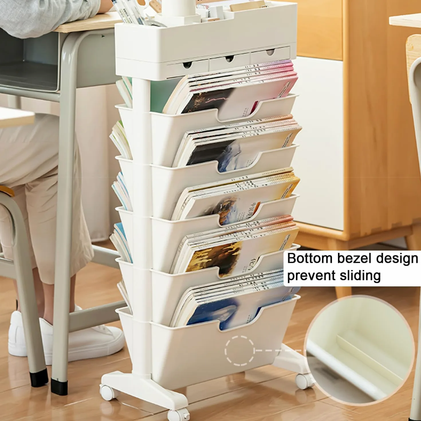 Scaffale Mobile a 6 Livelli con 3 Cassetti, Carrello Portadocumenti per Biblioteca, Scaffale Mobile per Libri sulla Scrivania Dell'aula, Classificatore da Ufficio con Rotelle Bloccabili