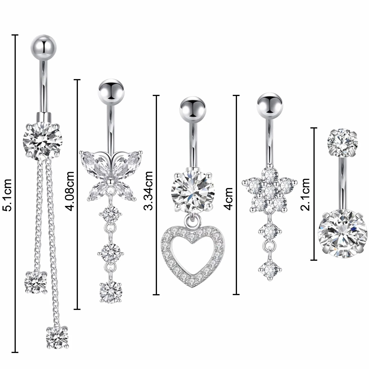 Piercing Ombelico per Donna, Perla Clicker Barbell Anello Set, Cuore Farfalla Gioielli Diamante Lungo Barbell 11 Pcs