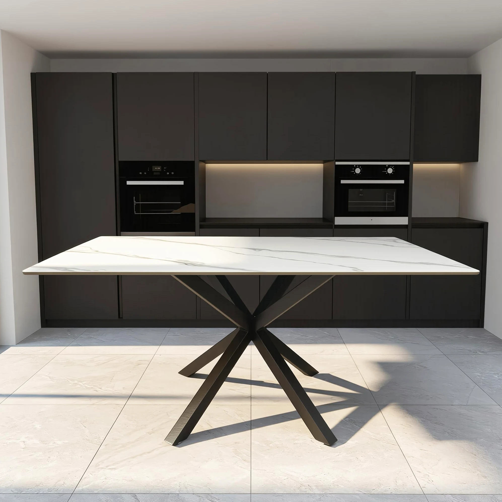 Tavolo da Pranzo in Ceramica Gres Porcellanato 150x90 cm – Piano Lucido Antigraffio Antimacchia – Gambe Incrociate Ferro Verniciato Nero – Finitura Pandora o Calacatta Bianco Marmo