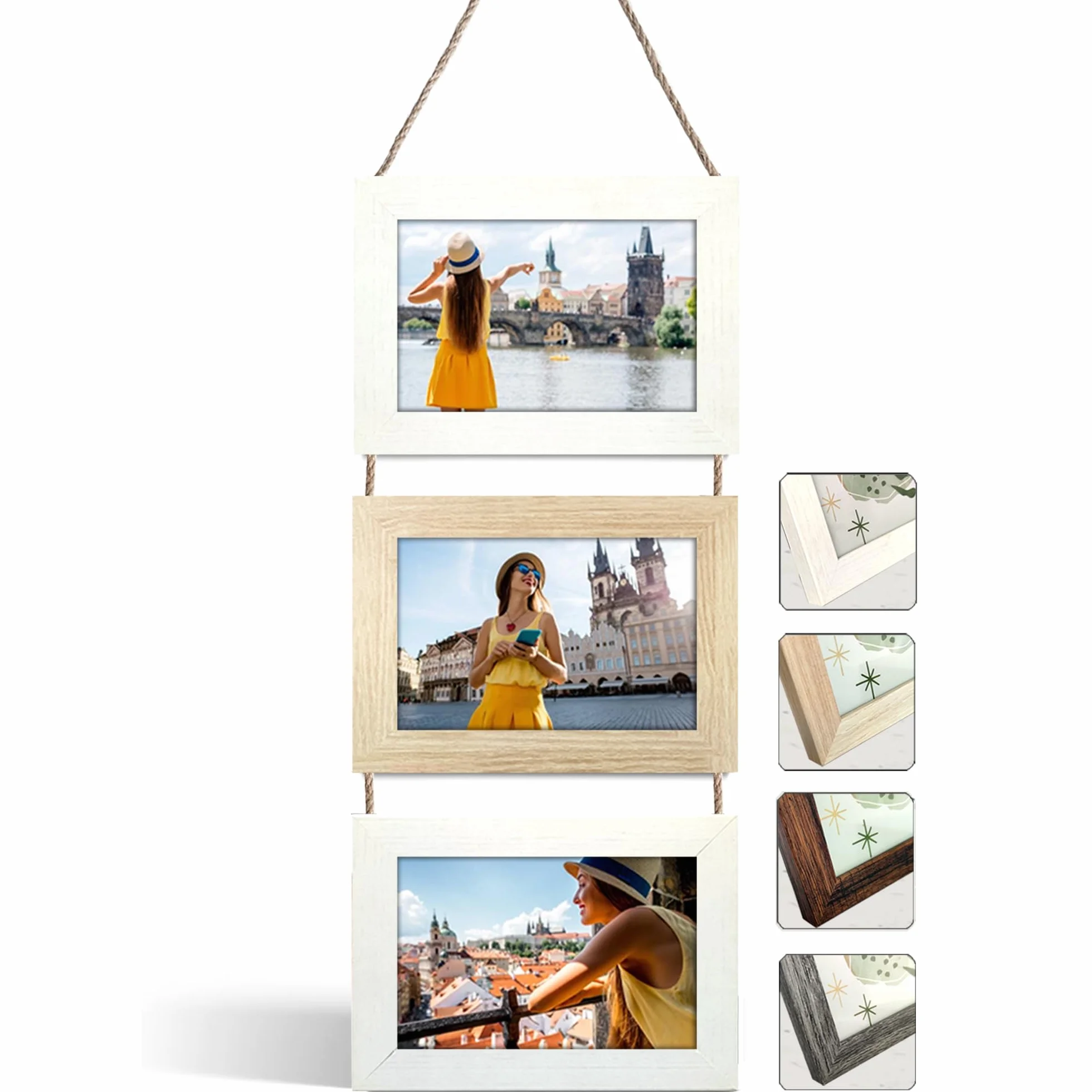 Set Cornici Foto Multiple da Parete con Corda - Portafoto Multiplo Decorativo con Cornici in Legno - Collage Foto da Appendere al Muro- Cornici 10x15 cm (Bianco e Rovere, 3 Foto Orizzontale)