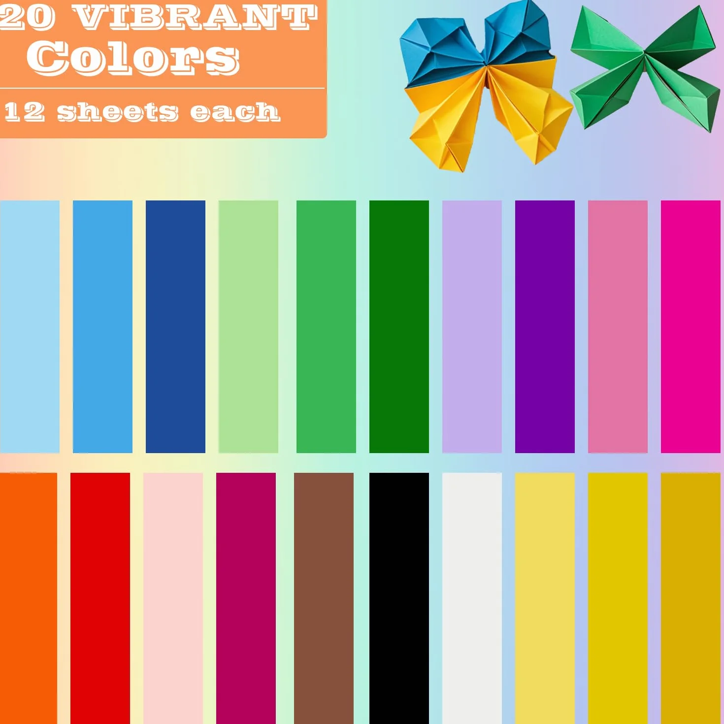 Carta Origami 20 x 20 cm 20 Colori 70 g/m² per Bambini Fai da Te Scuola