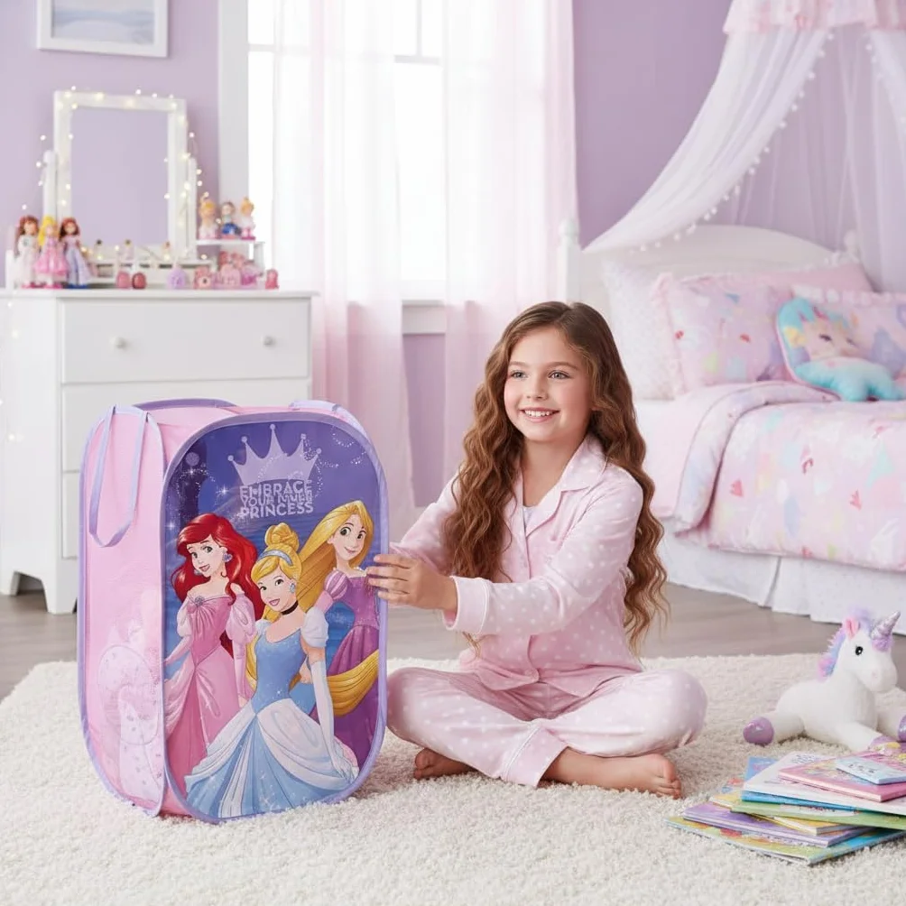 SUPERDIVER - Cesto pieghevole Principesse Disney - Licenza Ufficiale Disney Princess - Perfetto per giocattoli e vestiti - 36x36x58 cm - Ideale per bambini e bambine.