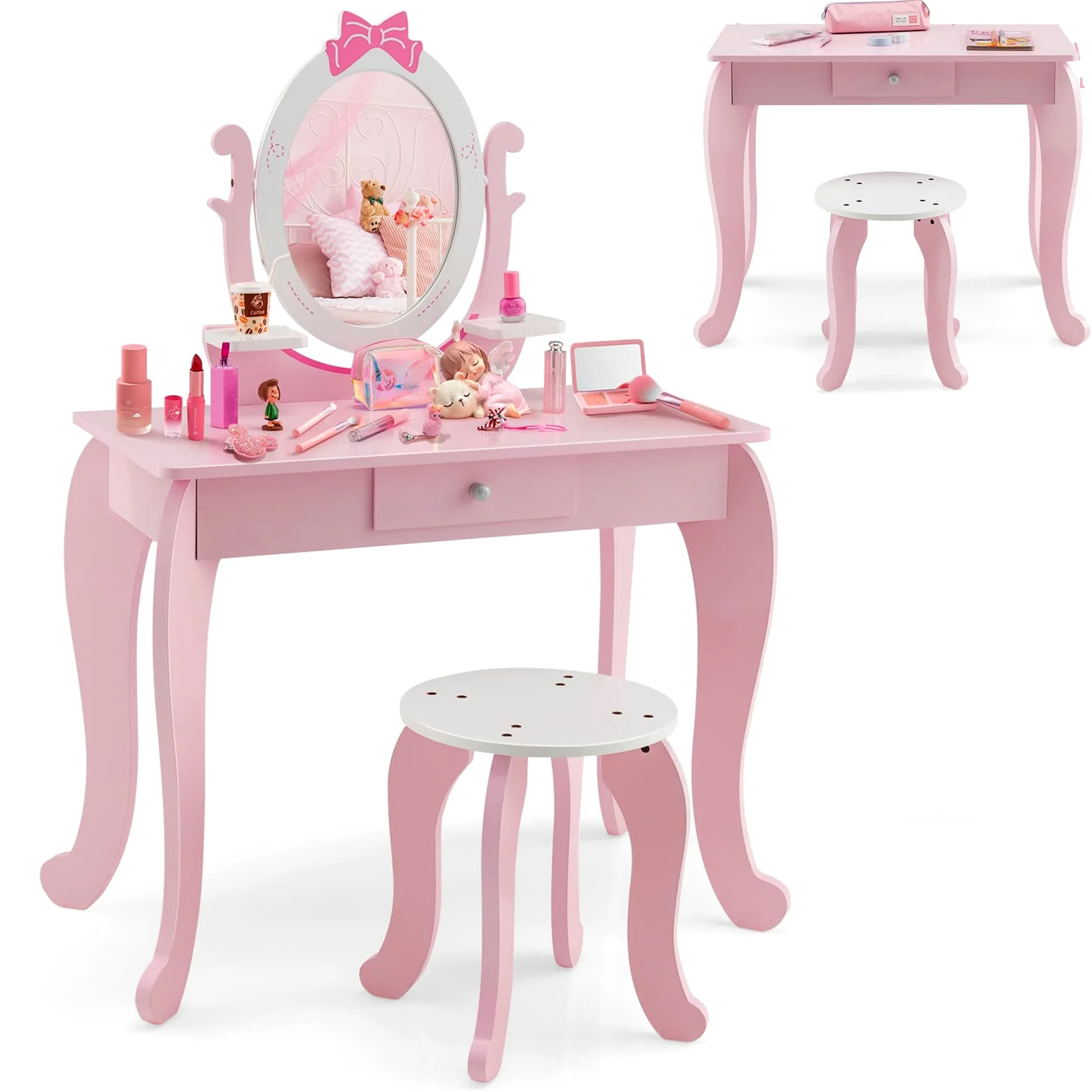 RELAX4LIFE 2 in 1 Toeletta Trucco Bambina con Specchio e Sgabello, Set Tavolo da Trucco con Specchio Rimovibile, Centro di Bellezza, Giocattolo da Trucco per Bambini dai 3 ai 7 Anni