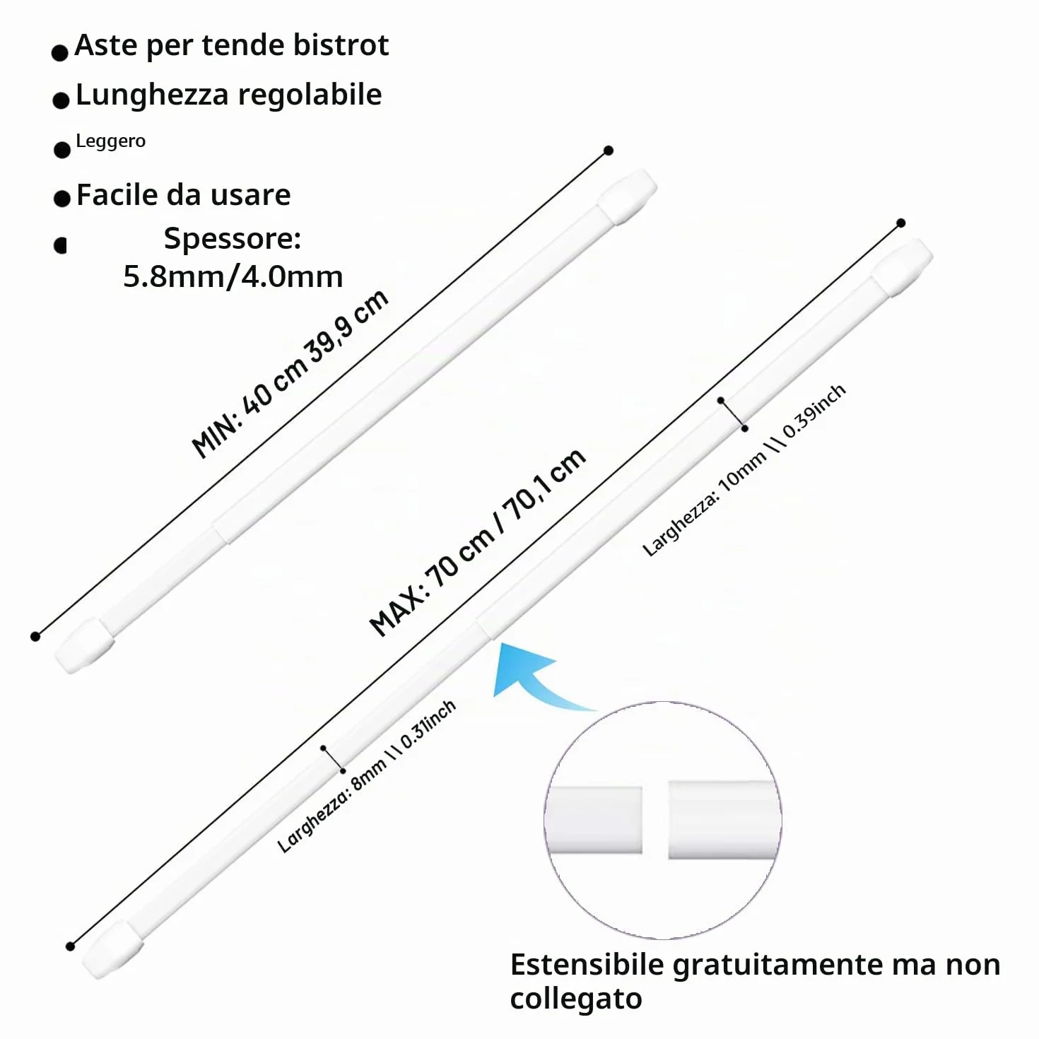 Bacchette per Tende a Vetro 40-70CM Bianco Aste Estensibili Senza Forare 2 Pezzi