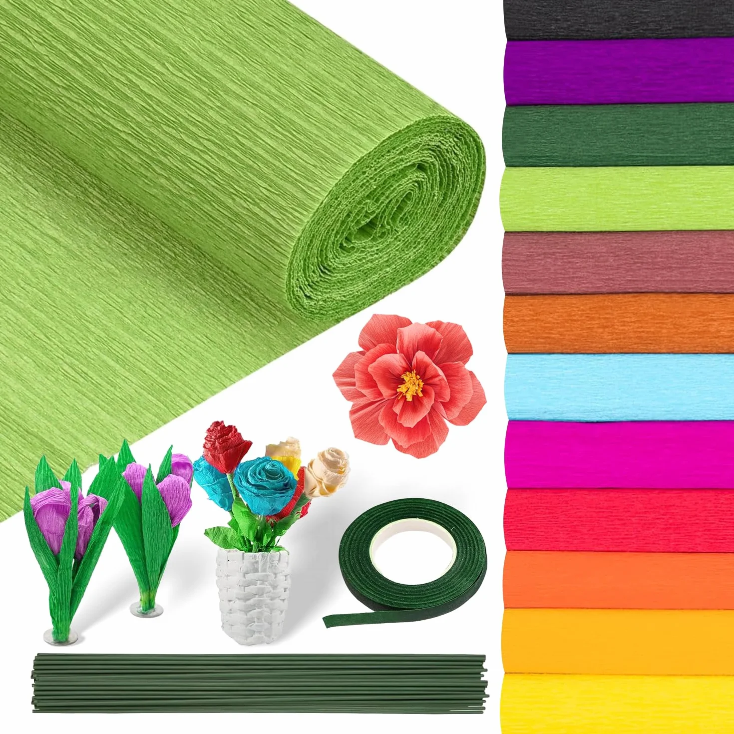 Carta Crespa 12 Colori 25x250cm Rotoli con Nastro Floreale e Steli di Filo per Decorazione Festa