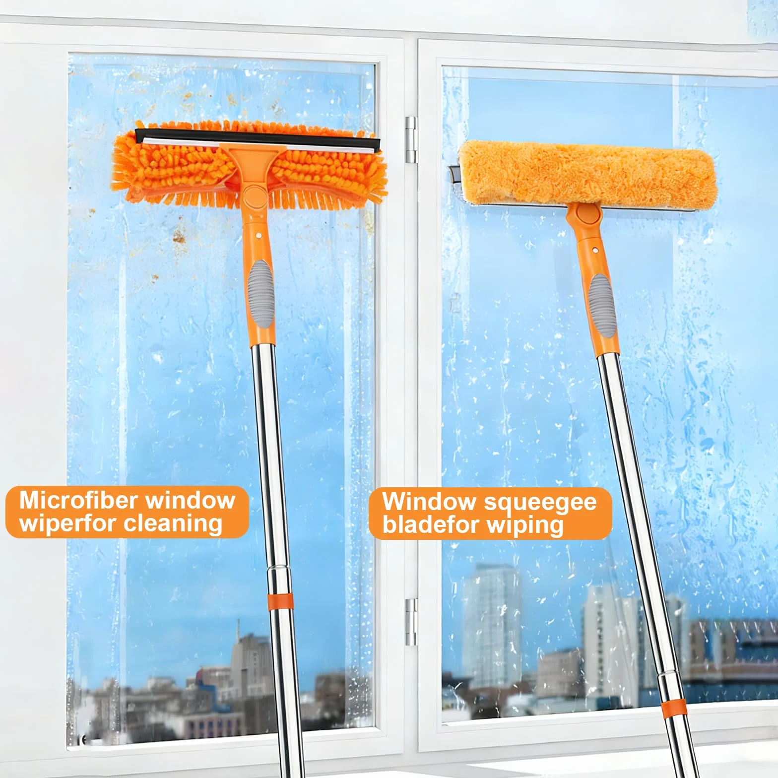 HA BIN Lavavetri Professionale con Manico Telescopico (400 CM), 2 in 1 Tergivetro in Silicone e Lavavetri in Microfibra, Pulitore per Finestre, Auto, Doccia e Vetro – Senza Strisce e Facile da Usare