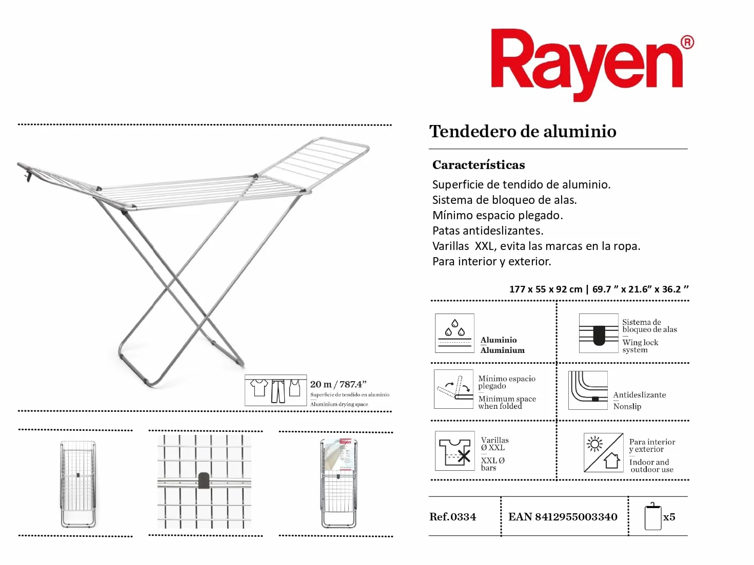 Rayen | Stendibiancheria in alluminio | Con una superficie di 20 metri | Sistema Wing Block | Stendibiancheria antiscivolo e pieghevole con aste XXL | Per interno ed esterno | 177 x