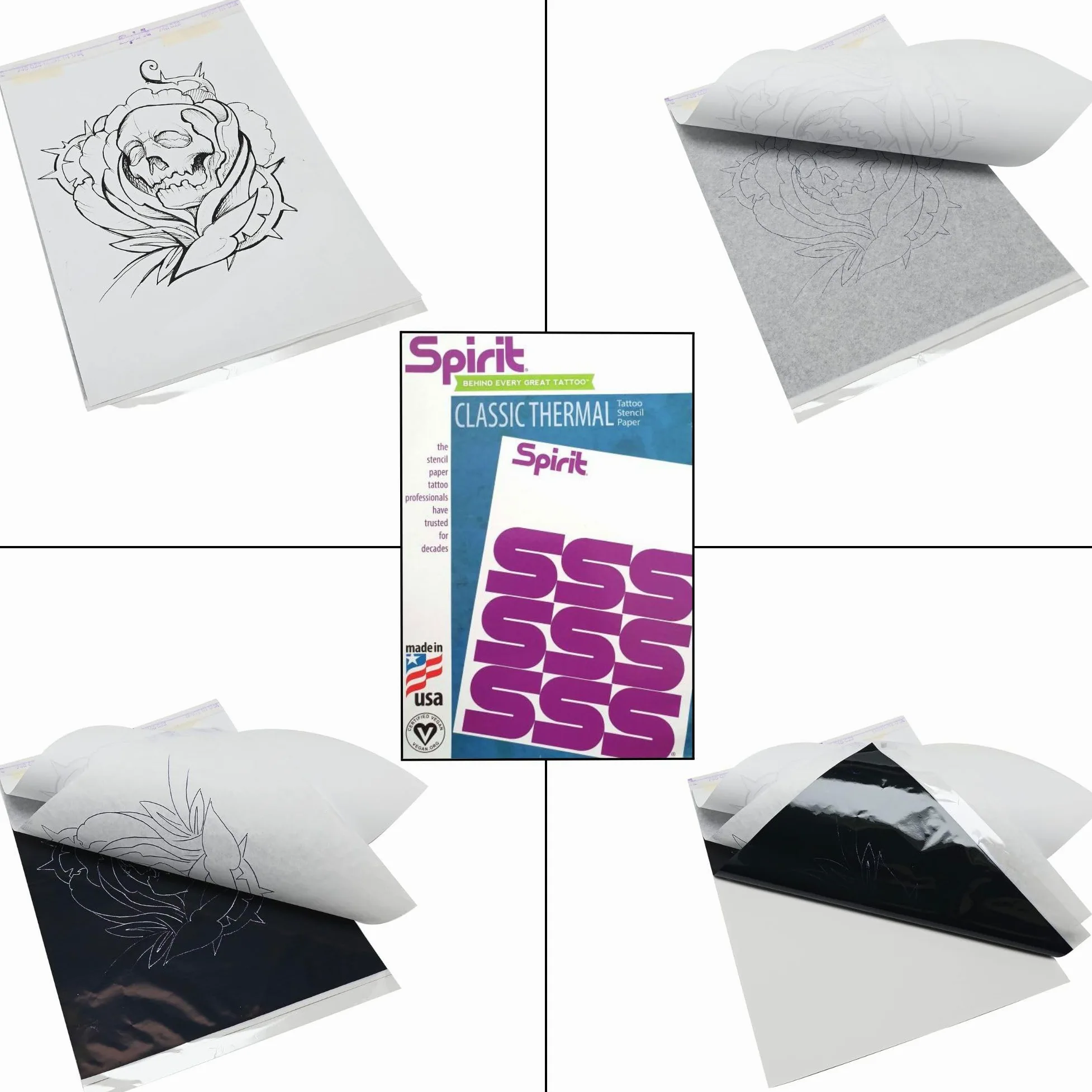 Spirit Tattoo Transfer Paper Bundle – 100 fogli A4 Spirit Classic Purple Thermal Copier Hectograph Paper (21,6 x 27,9 cm) con Viscot Sterile Surgical Skin Marker incluso