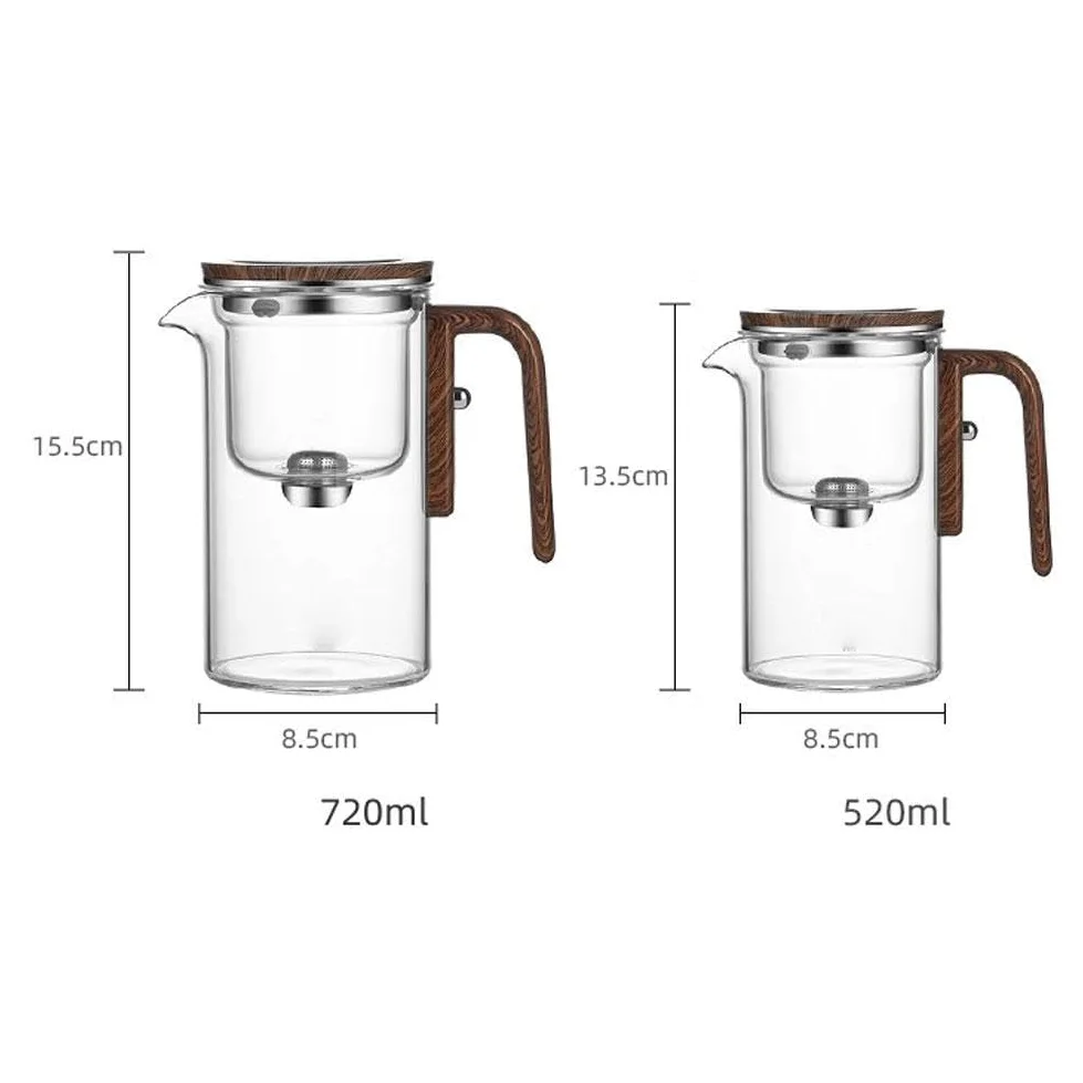 Teiera stregoneria, teiera incantata con controllo a pressione, teiera magica con infusore, teiera in vetro con colino, teiera magica 2 in 1 per tè sfuso, teiera magica in vetro con manico in legno