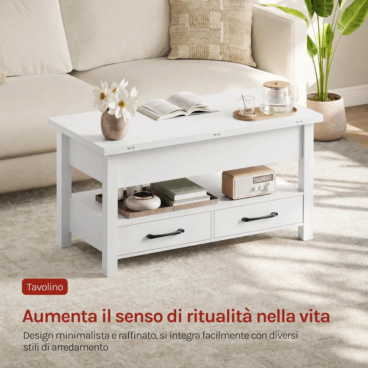 WOLTU Tavolino da Caffè Sollevabile con Spazio Nascosto, Scomparto Aperto e 2 Cassetti, Tavolo Salotto Estensibile Multifunzione per Soggiorno e Studio, Bianco
