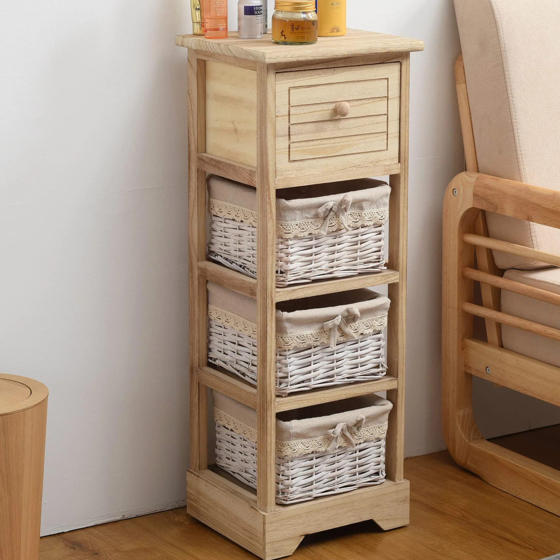 Rebecca Mobili Cassettiera Mobiletto Bagno 1 Cassetto 3 Ceste Legno Vimini Marrone Chiaro Country Bagno Cucina Arredamento Casa - 81 x 30 x 27 cm (H x L x P) - Art. RE6106