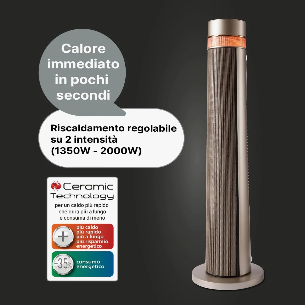 MACOM, Potente Termoventilatore Ceramico a Torretta, Silenzioso e di Design, con Telecomando, 2000W, Enjoy & Relax 944 Light Ceramic Tower