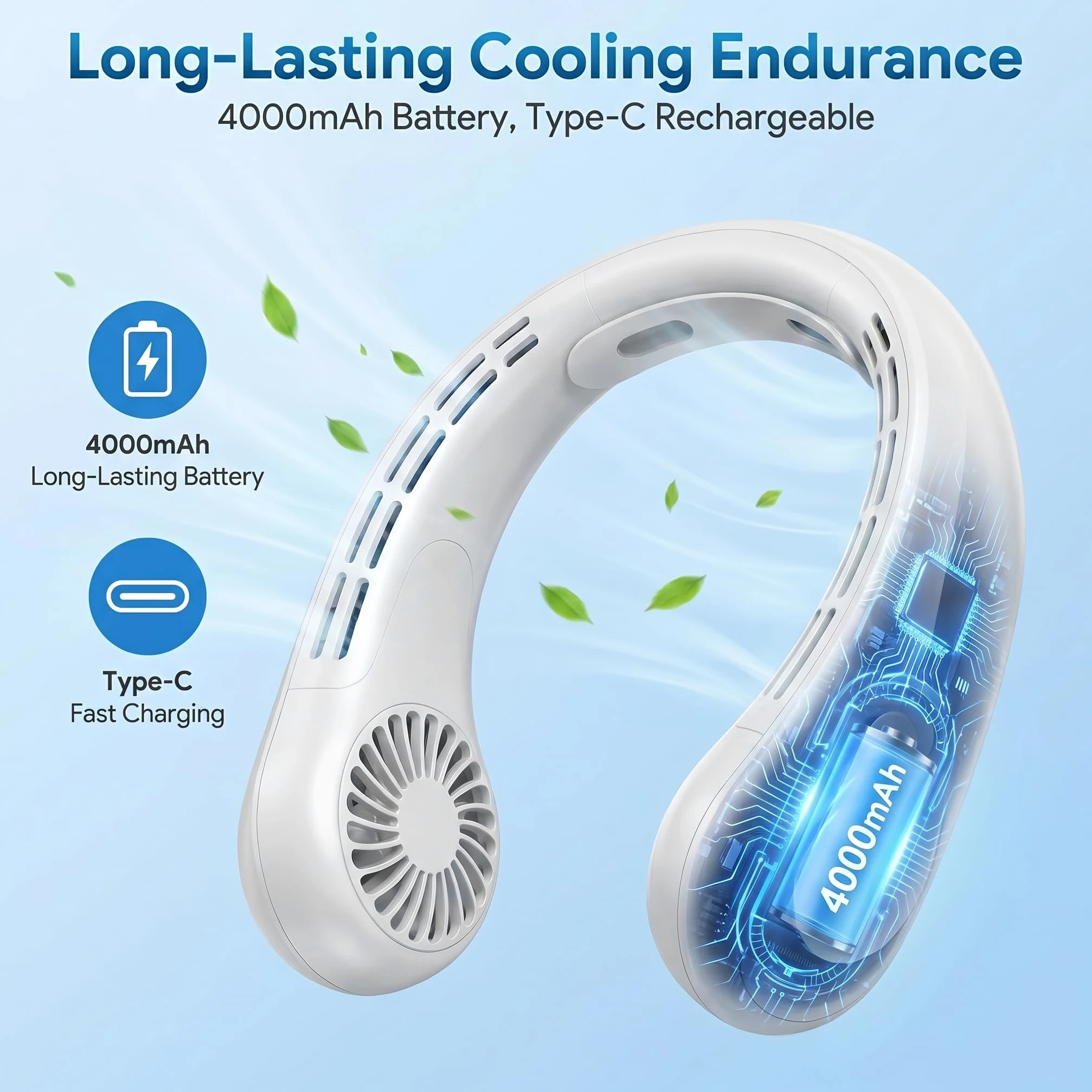 TREDY Ventilatore da collo portatile ricaricabile, 4000 mAh, a batteria, indossabile, ventilatore personale, 5 velocità, ventola di raffreddamento senza pale, silenziosa, per viaggi, all'aperto