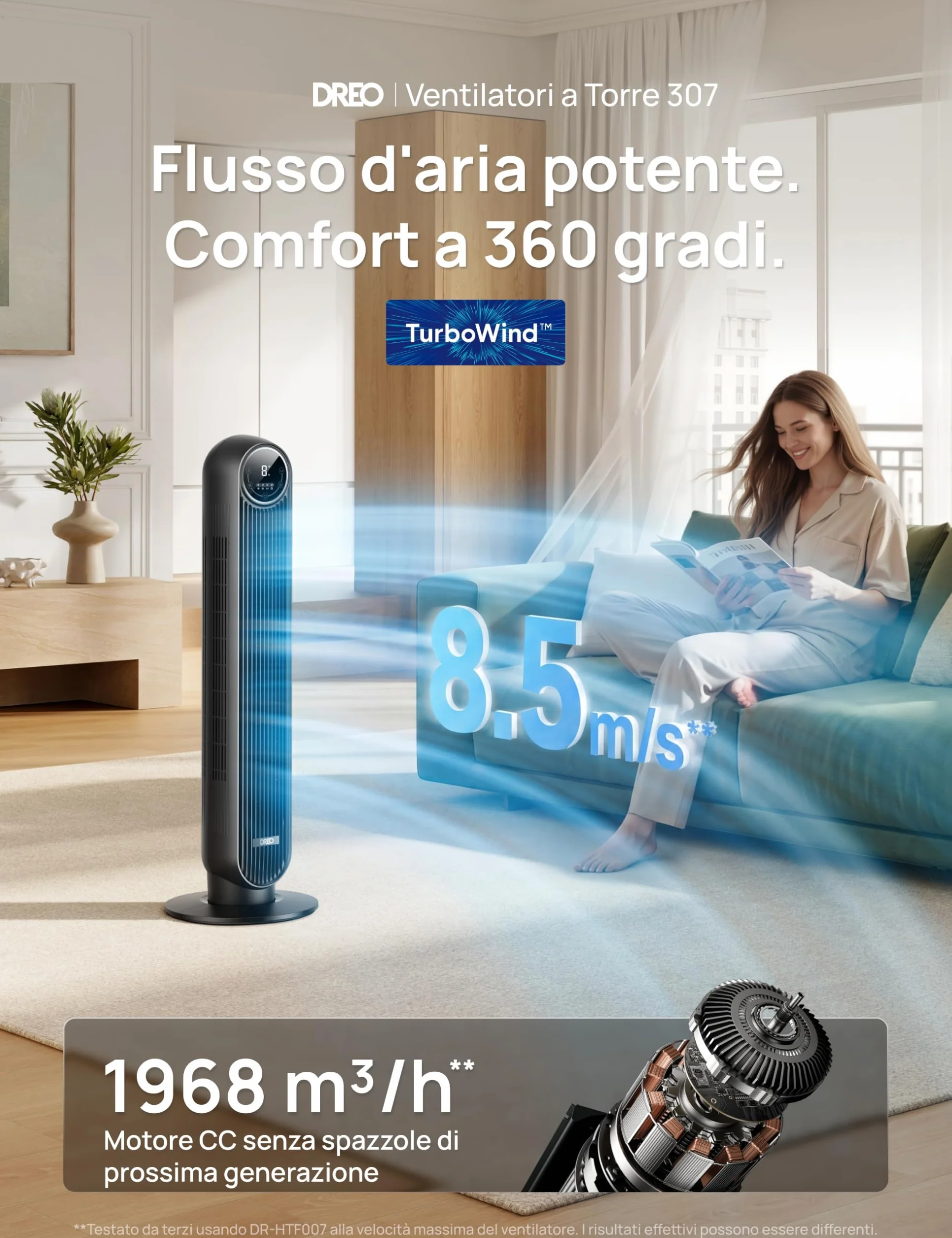 DREO 20dB Ventilatore a Torre Silenzioso, Potente 7.6 m/s, Ventilatori a Colonna con Telecomando, 4 Modalità, 4 Velocità, Oscillazione a 90°, Timer da 1 a 8 ore, Schermo LED, per la Camera da Letto