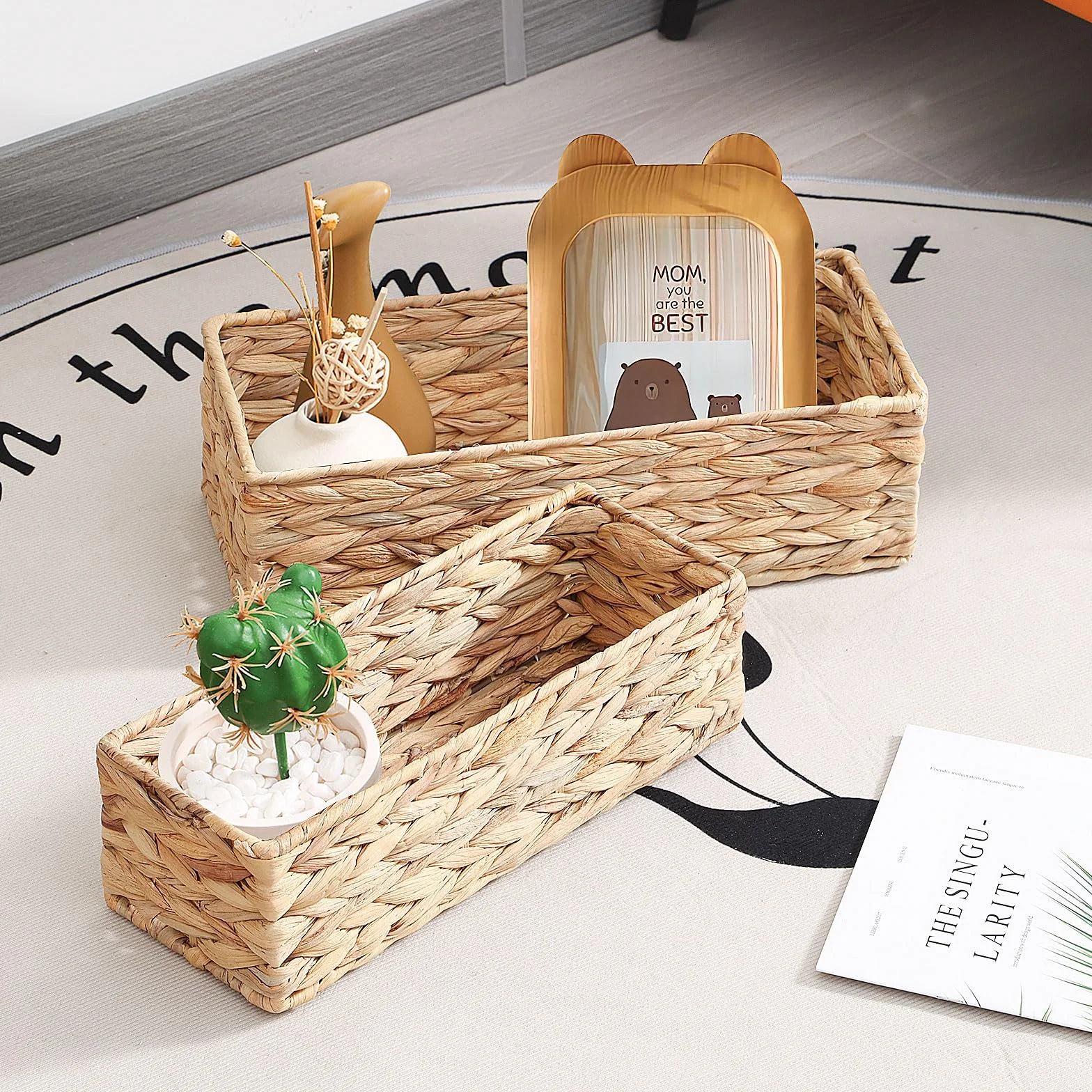 Cestini Portaoggetti Intrecciato in Vimini Giacinto d'Acqua, Grande 37×16.5×11 cm e Piccola 33×12.5×10 cm, Set di 2